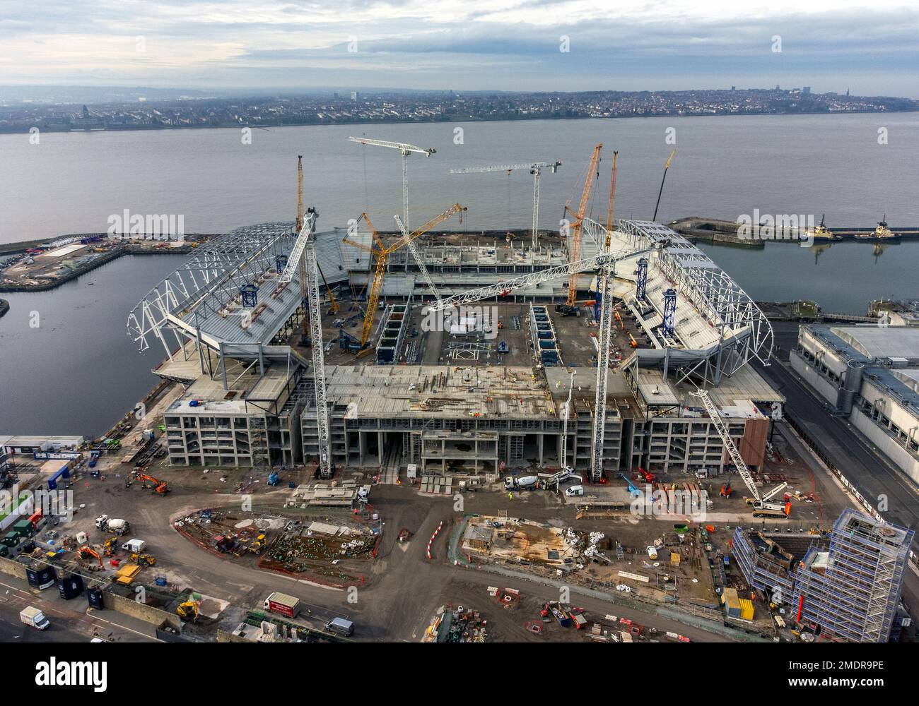 An aerial view of construction work at the site of Everton football club's new stadium being