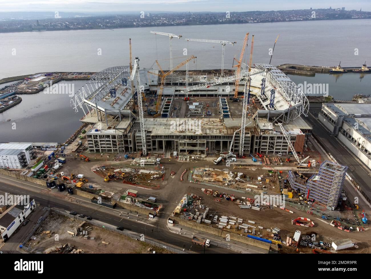 An aerial view of construction work at the site of Everton football