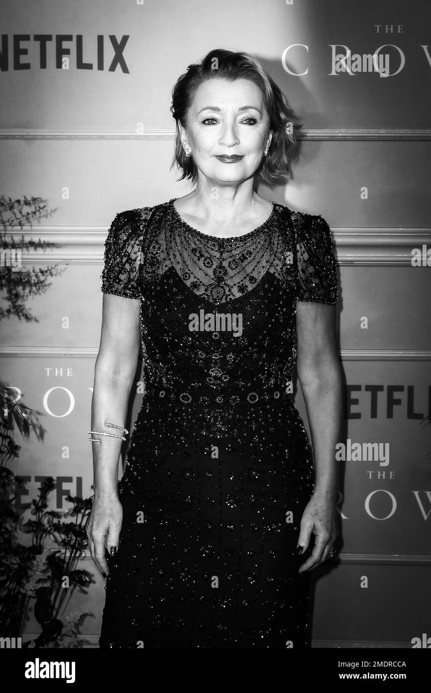 Lesley Manville photographed during the World Premiere of 'The Crown Season 6' held at Theatre Royal Druy Lane , London on Tuesday 8 November 2022 . Picture by Julie Edwards. Stock Photo