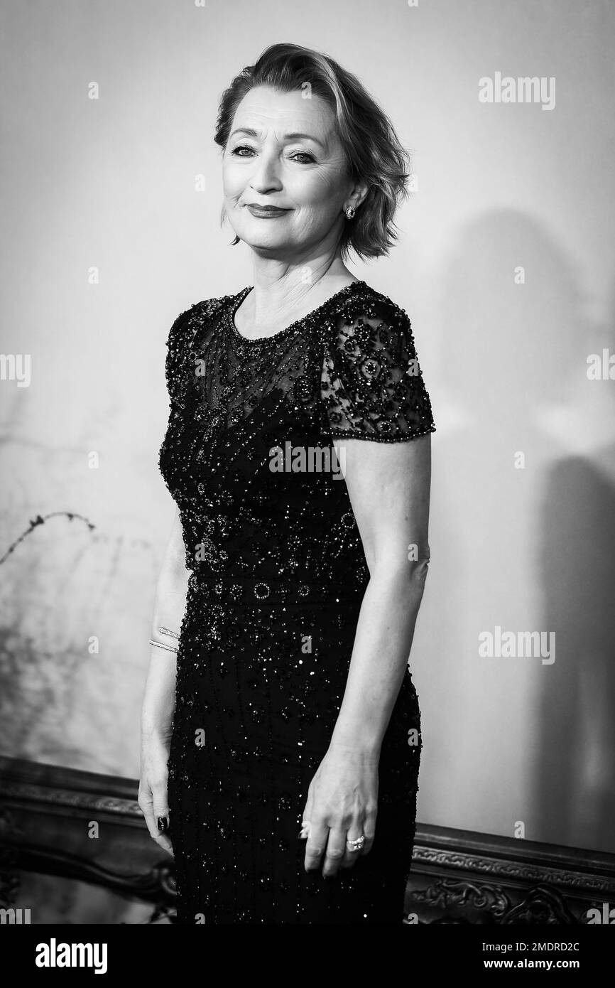 Lesley Manville photographed during the World Premiere of 'The Crown Season 6' held at Theatre Royal Druy Lane , London on Tuesday 8 November 2022 . Picture by Julie Edwards. Stock Photo