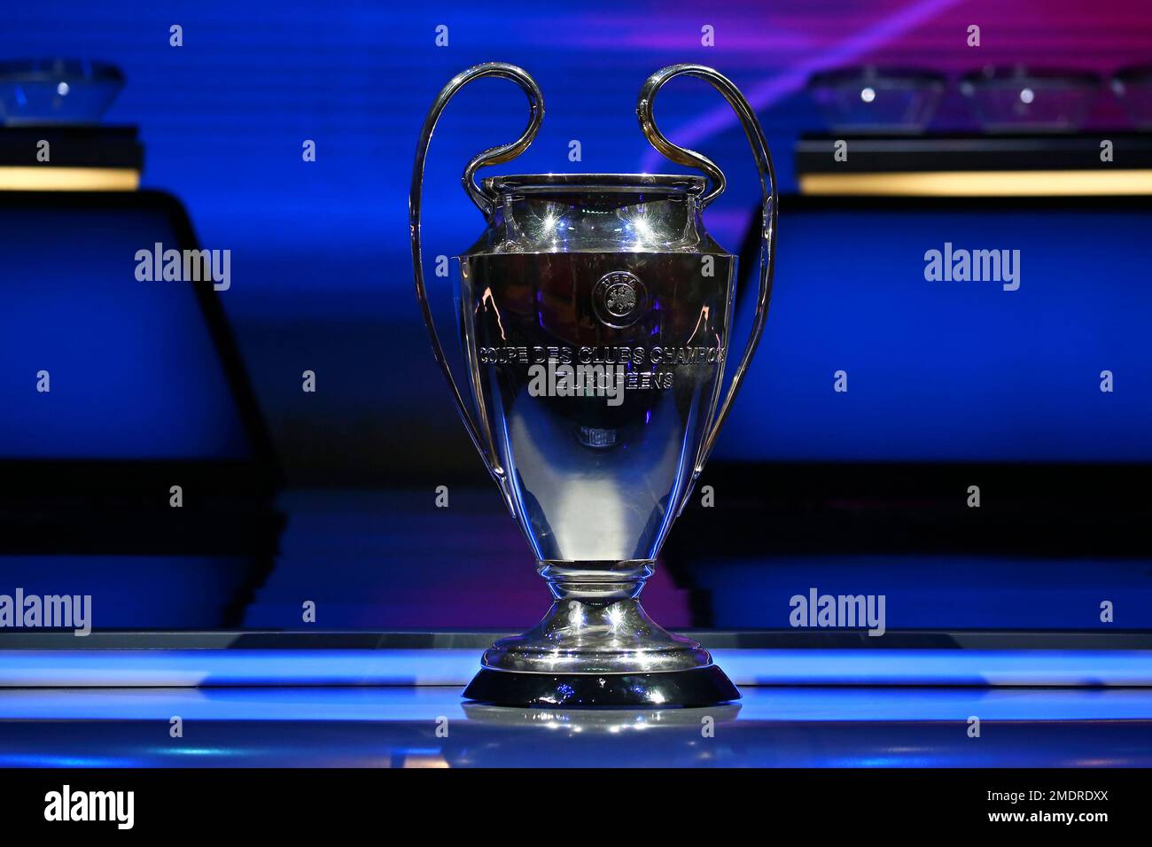 The trophy is placed on display for the photographers before the soccer