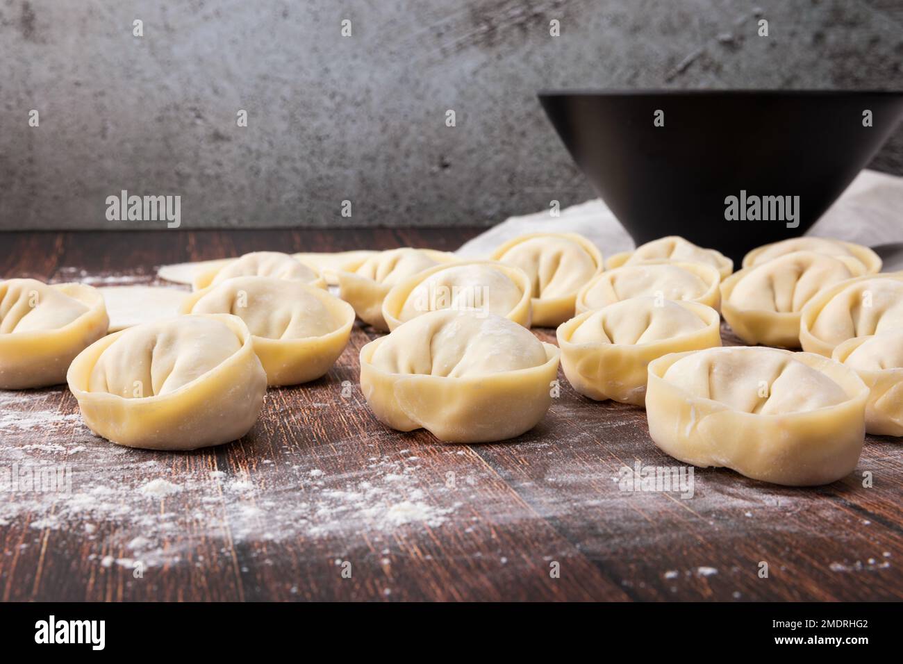 Korean homemade dumplings made from wheat flour. Close-up from the front. Stock Photo