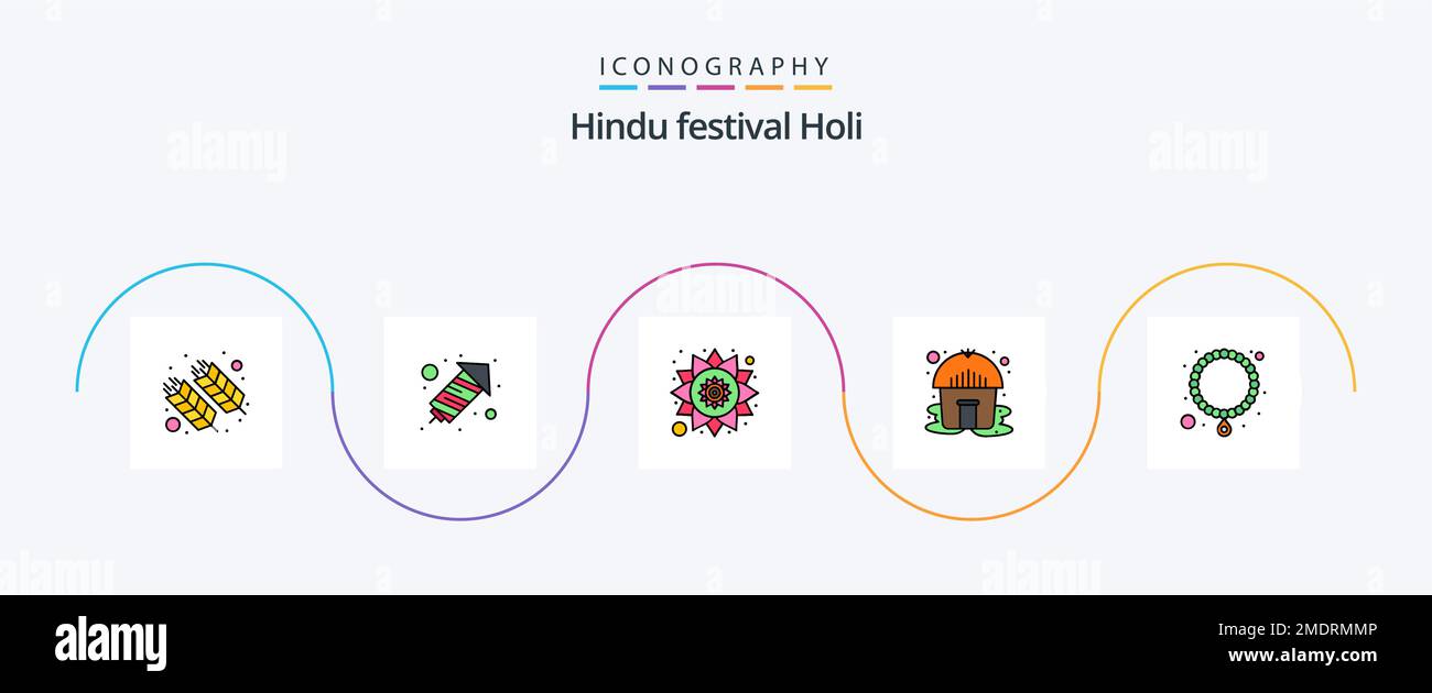 Holi Line Filled Flat 5 Icon Pack Including . necklace. india. jewelry. tent Stock Vector