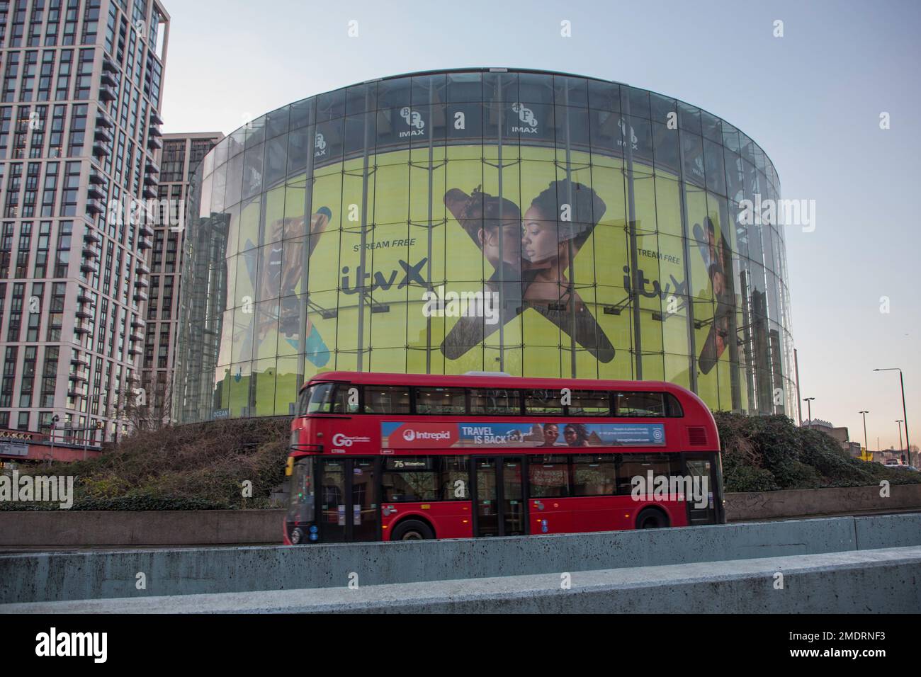 IMAX Cinema and Red London Bus Stock Photo