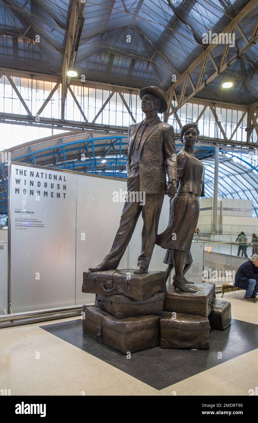 The National Windrush Monument is a bronze sculpture by Basil Watson in Waterloo Station Stock Photo