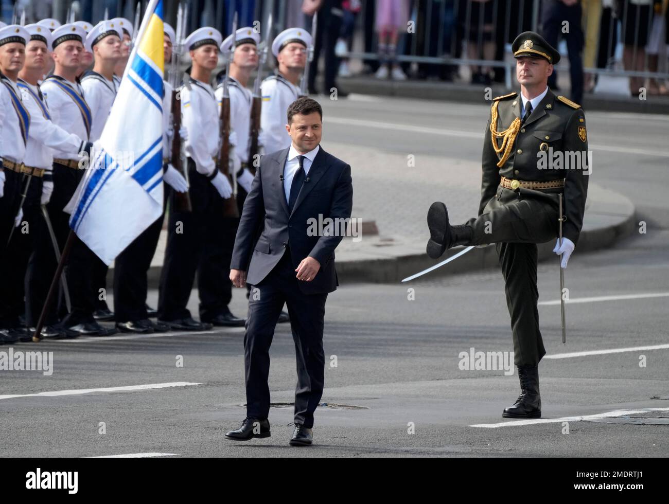 Ukrainian President Volodymyr Zelenskyy attends a military parade to ...
