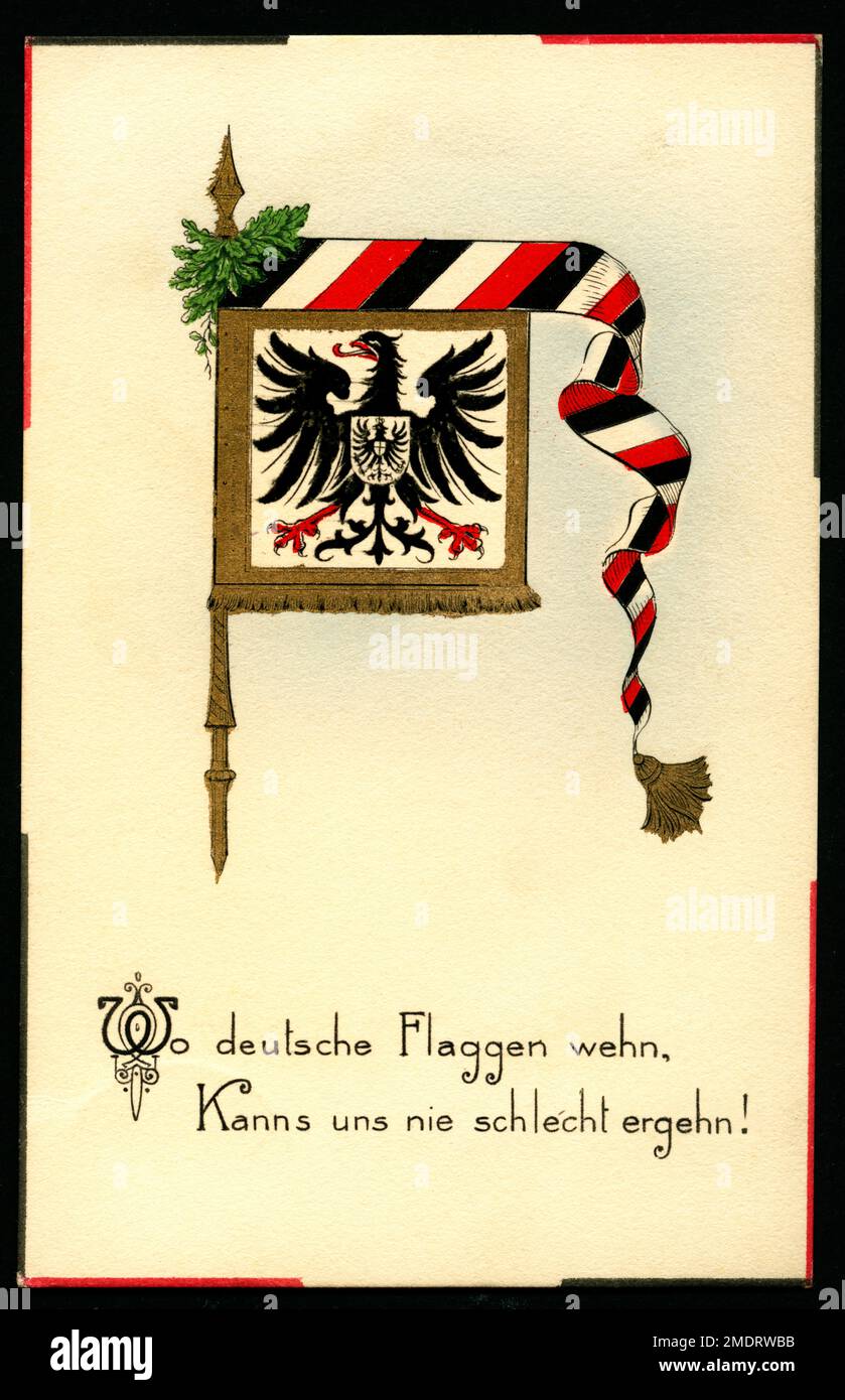 Europa, Deutschland, Nordrhein-Westfalen, Münster, 1. Weltkrieg, Propaganda, patriotische Postkarte mit dem Text ' Wo deutsche Flaggen wehn, kanns uns nie schlecht ergehn ! ' und einer Standarte mit dem Reichsadler , verschickt am 20. 10. 1916 , Rechte werden nicht vertreten .  /  Europe, Germany, North Rhine-Westphalia, Münster, WW I , propaganda, patriotic postcard with the text ' Wo deutsche Flaggen wehn, kanns uns nie schlecht ergehn ! ( Where are German flags, it could be never bad ! ) , and a German flag with the Imperial Eagle, postcard sent 20. 10. 1916 , there are no rights . Stock Photo