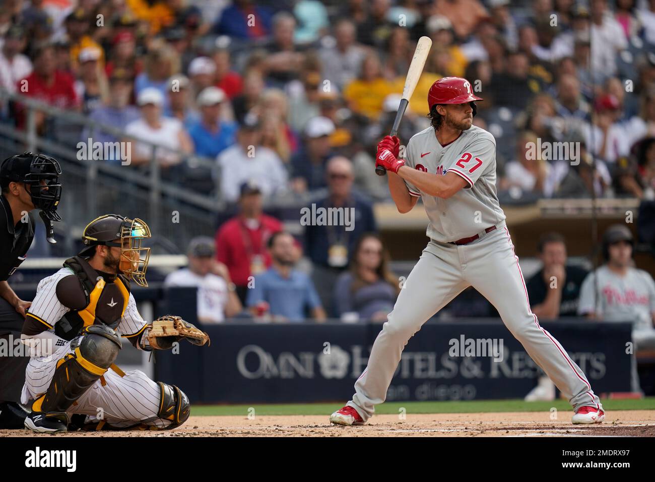 Philadelphia Phillies' Aaron Nola, right bats as his brother, San Diego  Padres catcher Austin Nola, waits for the pitch during the second inning of  a baseball game Saturday, Aug. 21, 2021, in