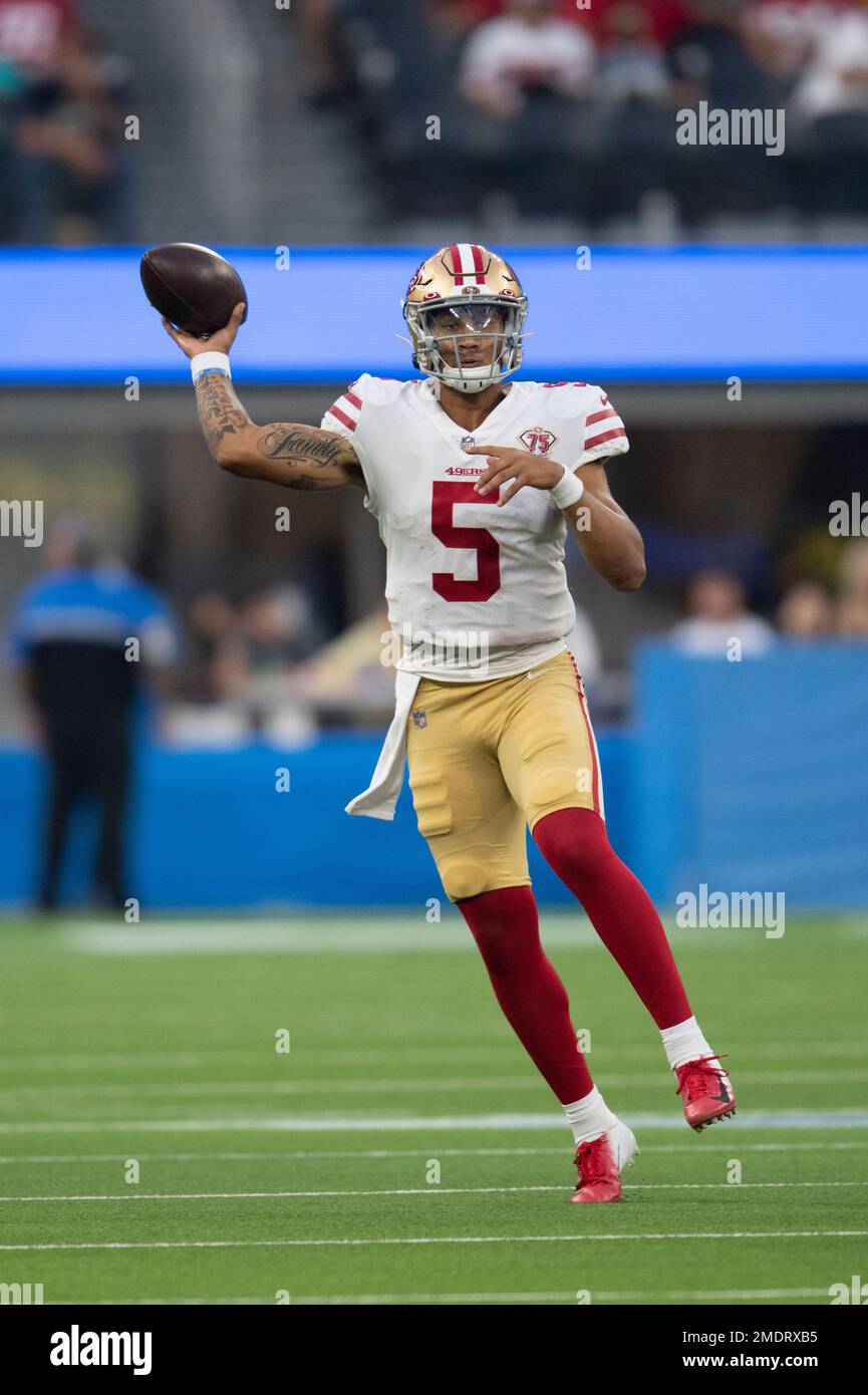 San Francisco 49ers quarterback Trey Lance (5) throws a pass during an