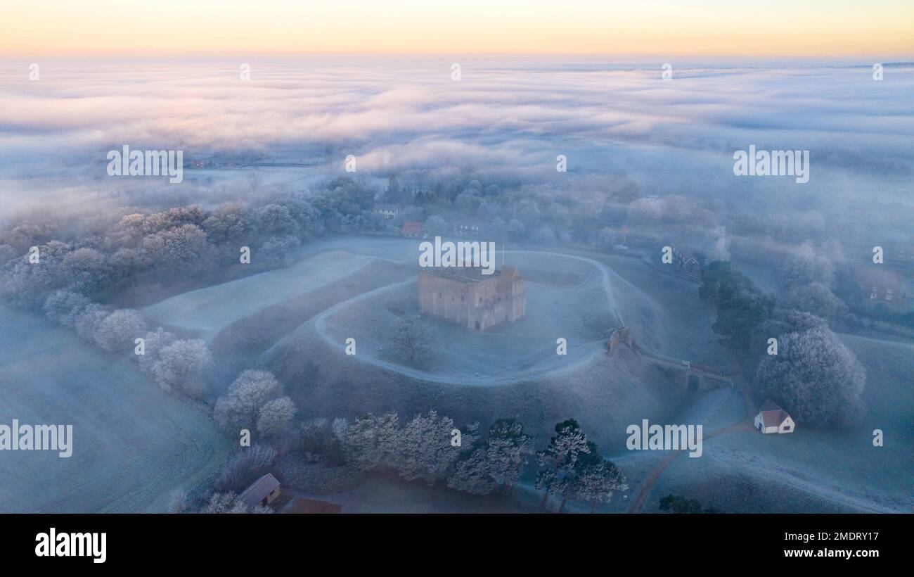 Picture dated January 22nd shows the freezing fog above Castle Rising in Norfolk on Sunday morning.   Freezing fog will create dangerous driving condi Stock Photo
