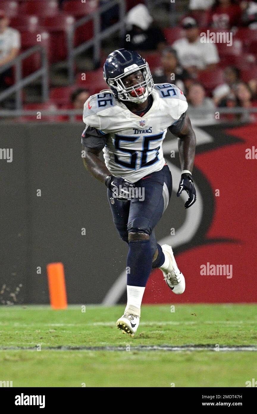 Tennessee Titans linebacker Monty Rice (56) runs down the field on a  kickoff during the second half of a preseason NFL football game against the  Tampa Bay Buccaneers, Saturday, Aug. 21, 2021,