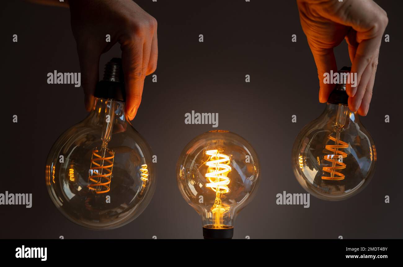 The huge filament light bulbs, while one of them is switched on Stock ...