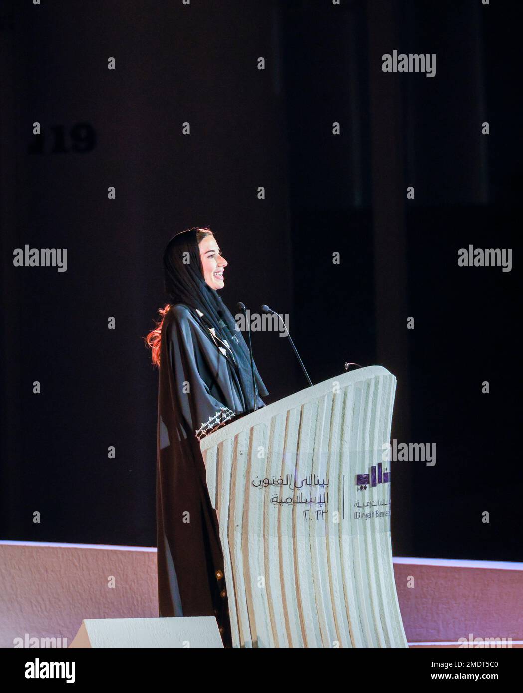 speech at the inauguration ceremony by Aya al-Bakree, the CEO of the Diriyah Biennale Foundation, Islamic Arts Biennale 2023, Jeddah, Saudi Arabia Stock Photo