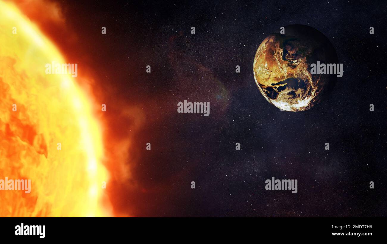 Earth with Sun in outer space. Elements of this image furnished by NASA. Stock Photo