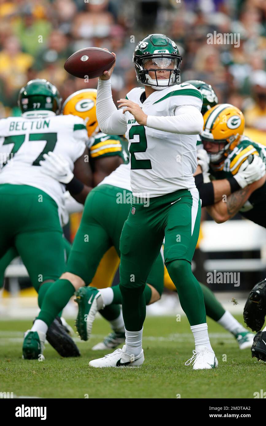 New York Jets' Zach Wilson warms up before a preseason NFL football game  against the Green Bay Packers Saturday, Aug. 21, 2021, in Green Bay, Wis.  (Jeff Haynes/AP Images for Panini Stock