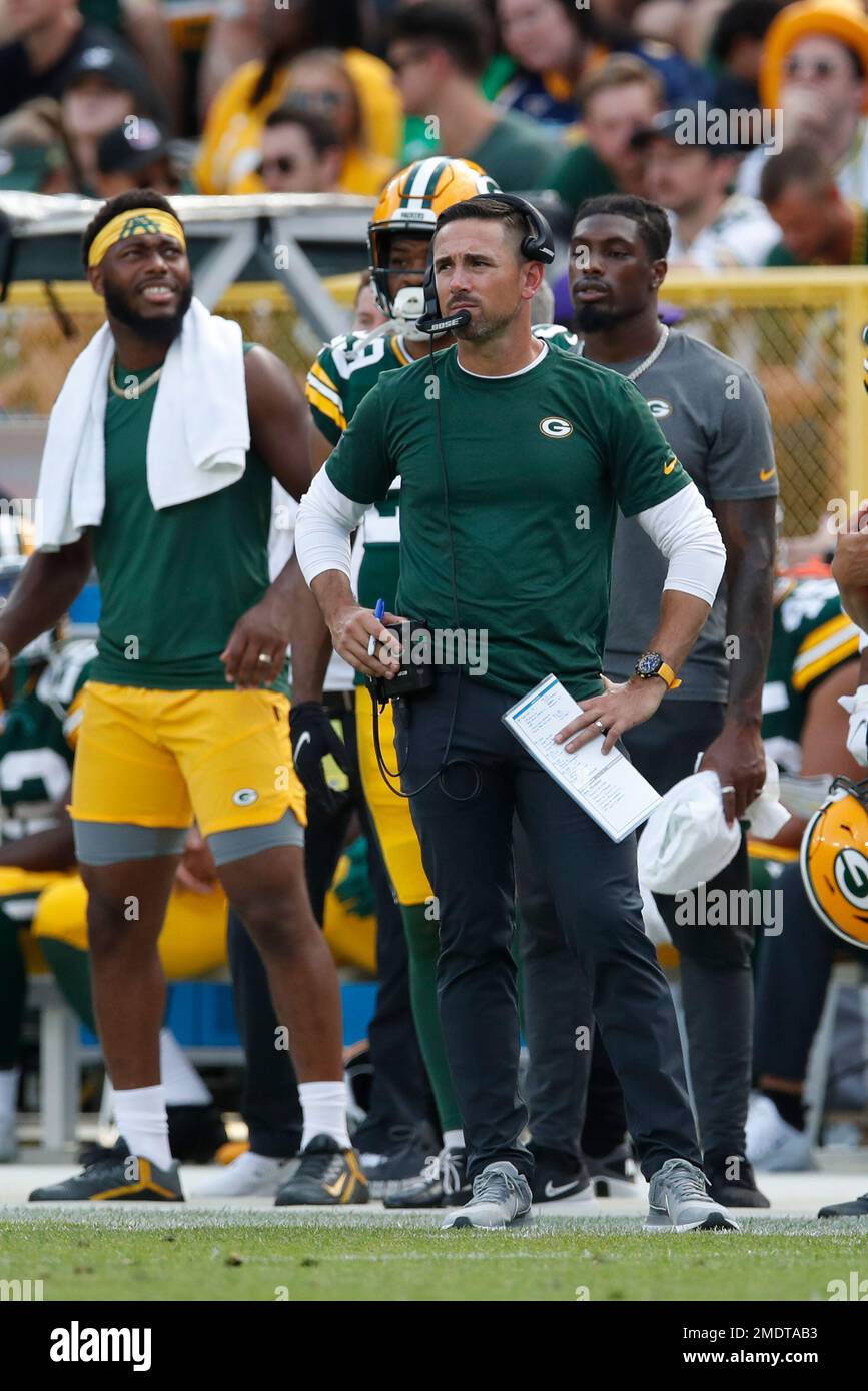 Green Bay Packers head coach Matt LaFleur watches his team play the New  York Jets during an NFL preseason football game, Saturday, Aug. 21, 2021,  in Green Bay, Wis. (Jeff Haynes/AP Images