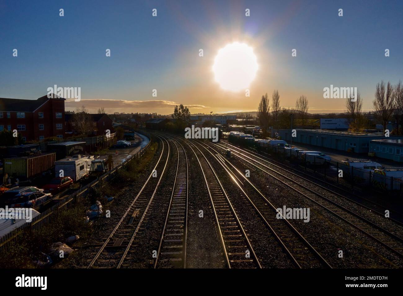 December sunrise over Hereford railway station, Herefordshire England UK. December 2022 Stock Photo