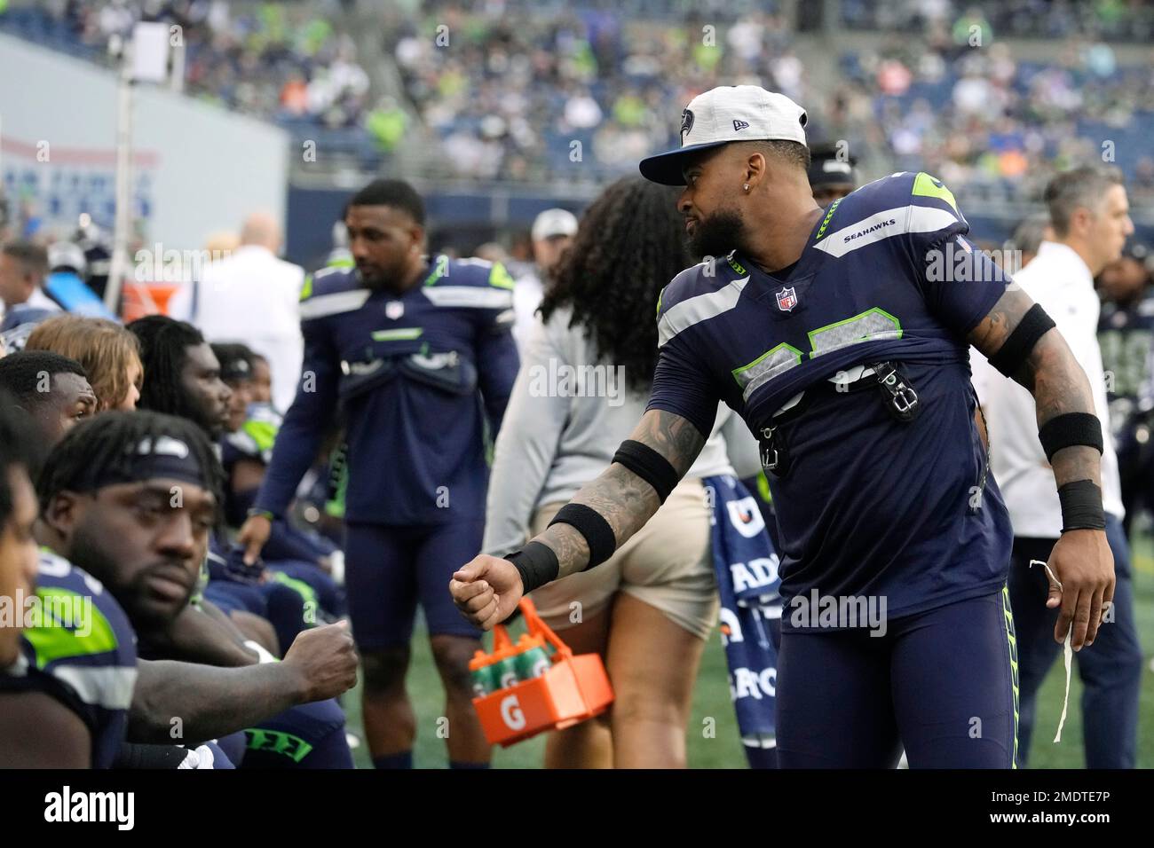 Seattle Seahawks strong safety Jamal Adams on the bench during the second  half of an NFL football preseason game against the Los Angeles Chargers,  Saturday, Aug. 28, 2021, in Seattle. (AP Photo/Elaine