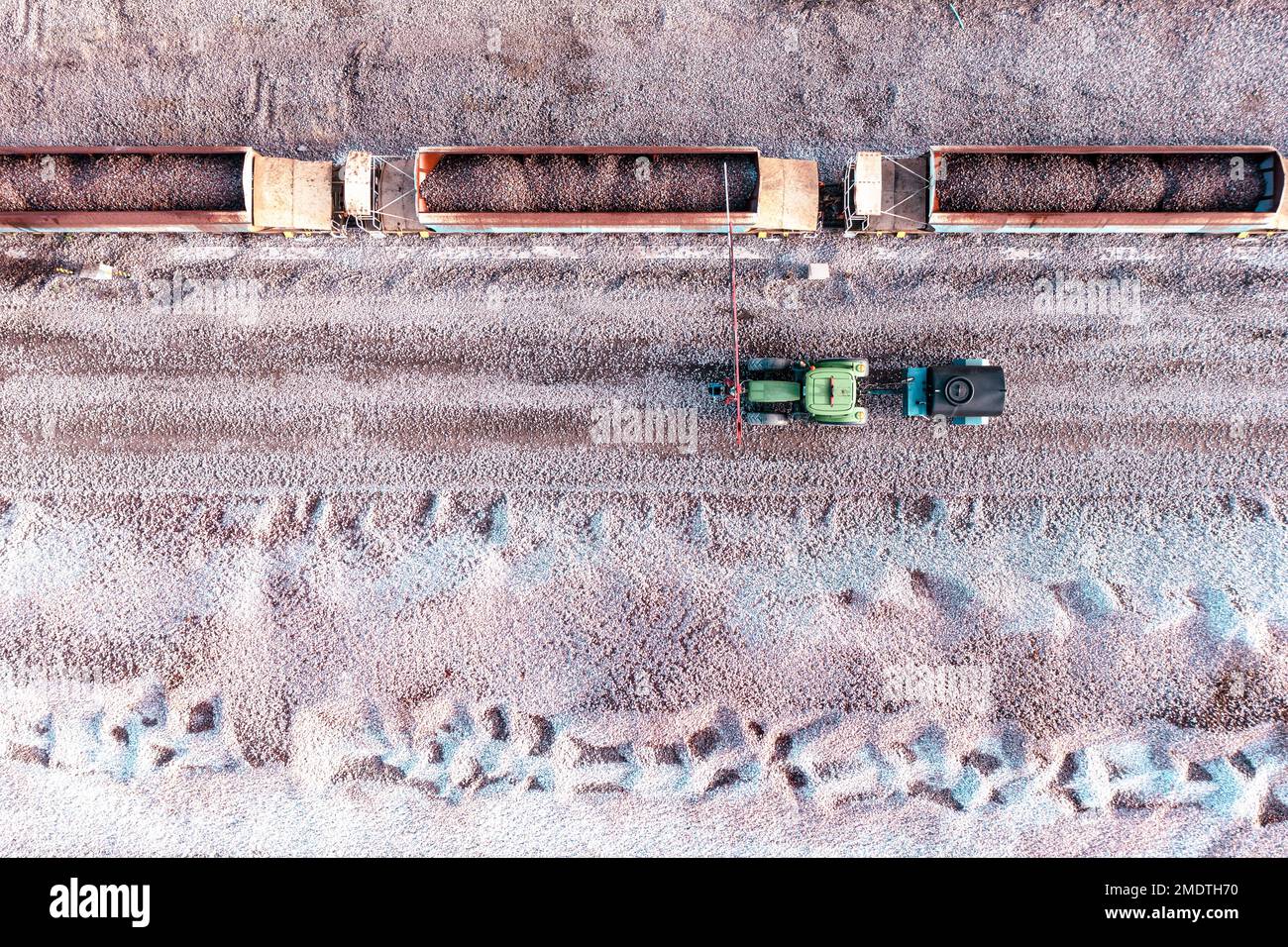 Aerial view directly above a mineral ore quarry with loaded railway wagons and a tractor with water bowser spraying water to dampen down airborne dust Stock Photo