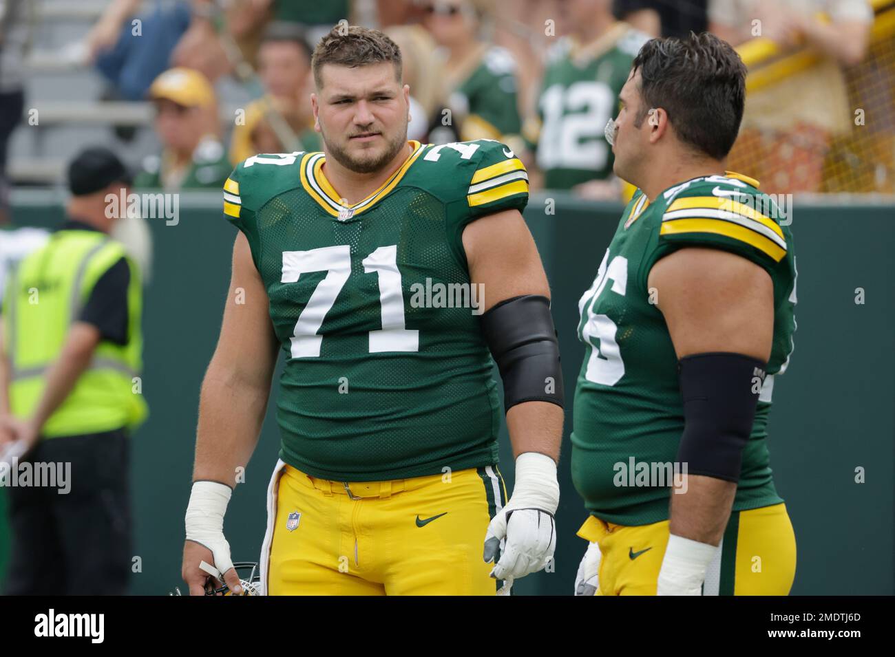 Green Bay Packers' Josh Myers talks to Jon Runyan before a preseason NFL  football game against the New York Jets Saturday, Aug. 21, 2021, in Green  Bay, Wis. (AP Photo/Mike Roemer Stock