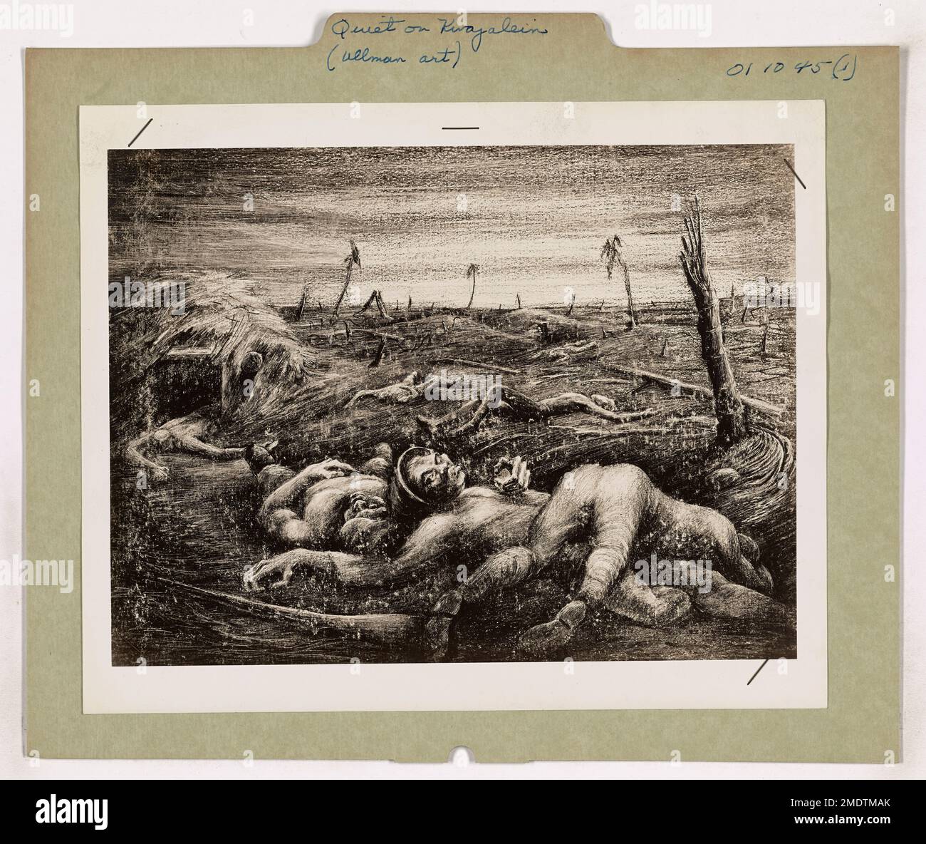 Quiet on Kwajalein. This image depicts dead Japanese soldiers scattered on the beach of Kwajalein Atoll in the Marshall Islands, drawn by Coast Guard Combat Artist Roland G. Ullman. Stock Photo