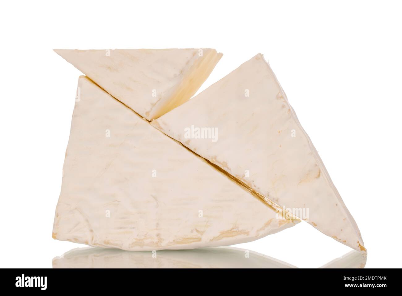 Three pieces of fragrant brie cheese, macro, isolated on white