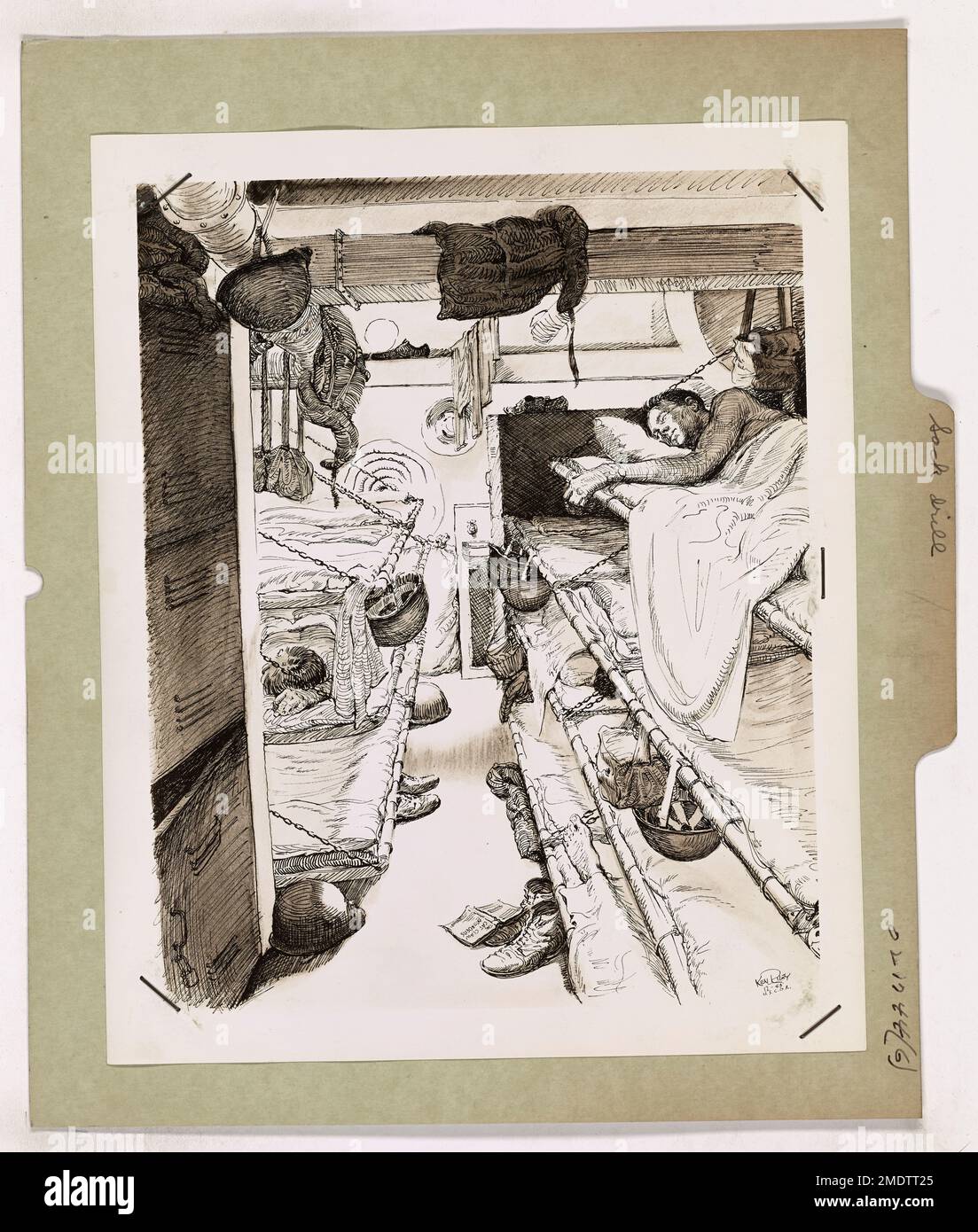 Sack Drill. This image depicts Coast Guardsmen sleeping while off duty aboard a Coast Guard-manned transport, drawn by Coast Guard Combat Artist Ken Riley. Stock Photo