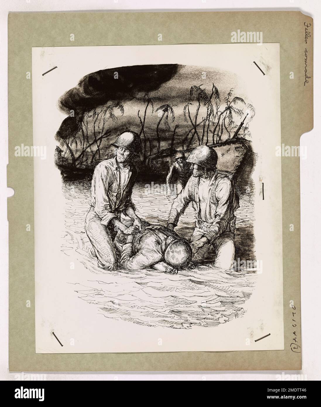 Fallen Comrade. This image depicts two Coast Guardsmen carrying the body of a fallen comrade, drawn by Coast Guard Combat Artist Ken Riley. Stock Photo