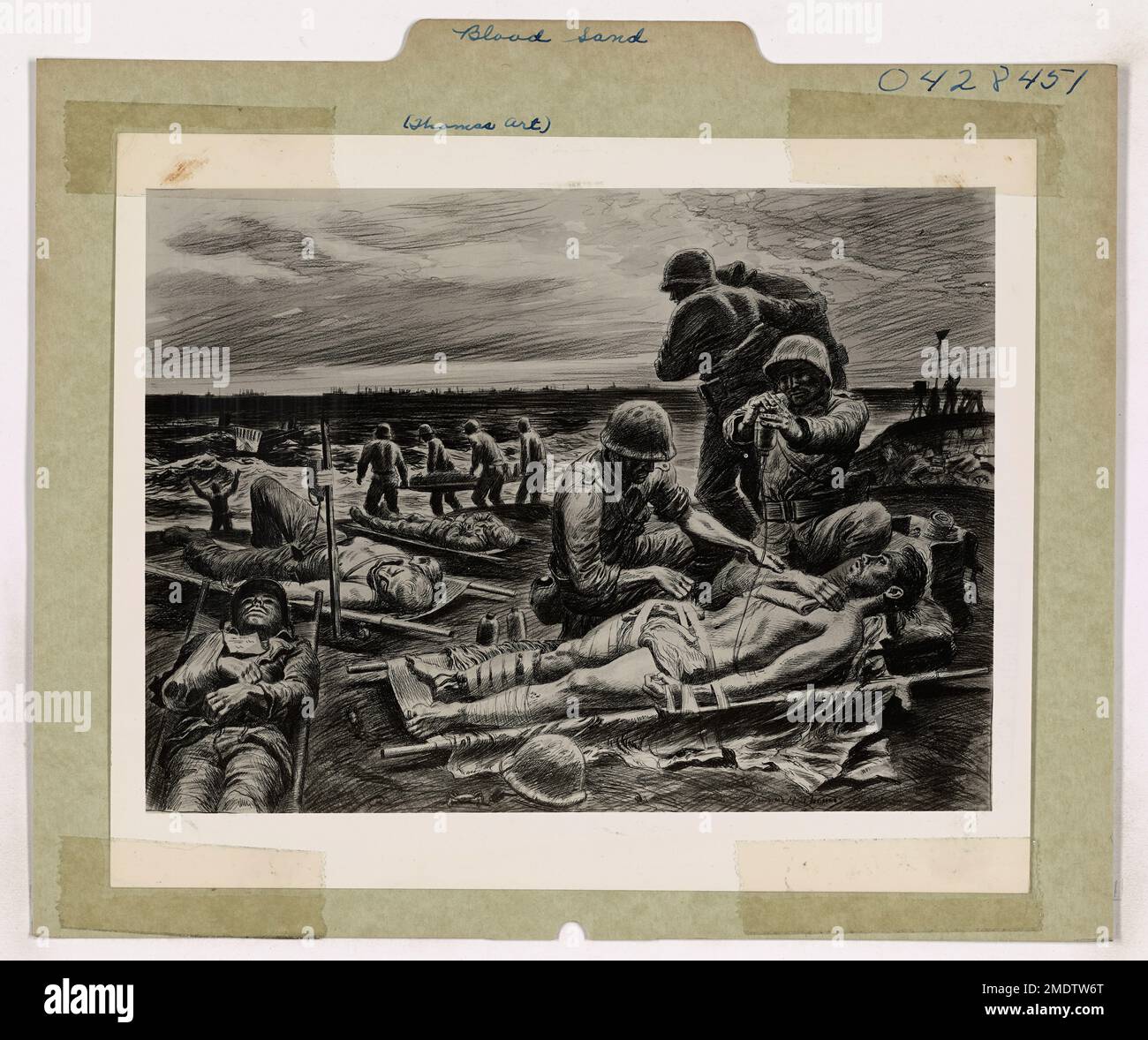 Blood and Sand. This image depicts Marines and Coast Guardsmen giving aid to wounded men on the beaches of Iwo Jima, drawn by Coast Guard Combat Artist Norman Millet Thomas. Stock Photo