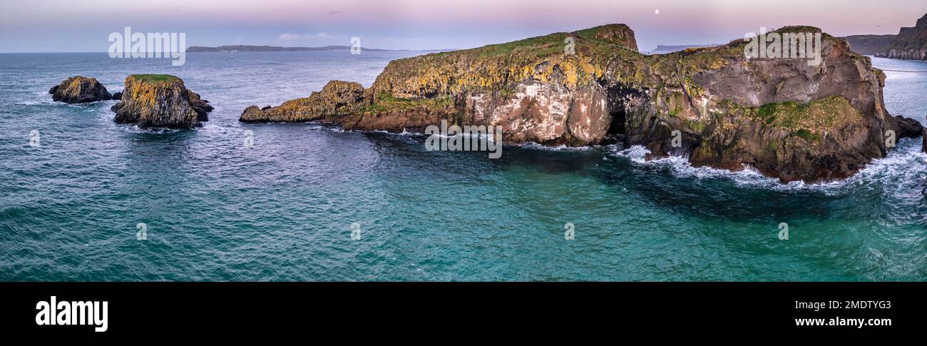 Aerial view of Ballintoy Harbour near Giants Causeway, County. Antrim, Northern Ireland, UK. Stock Photo