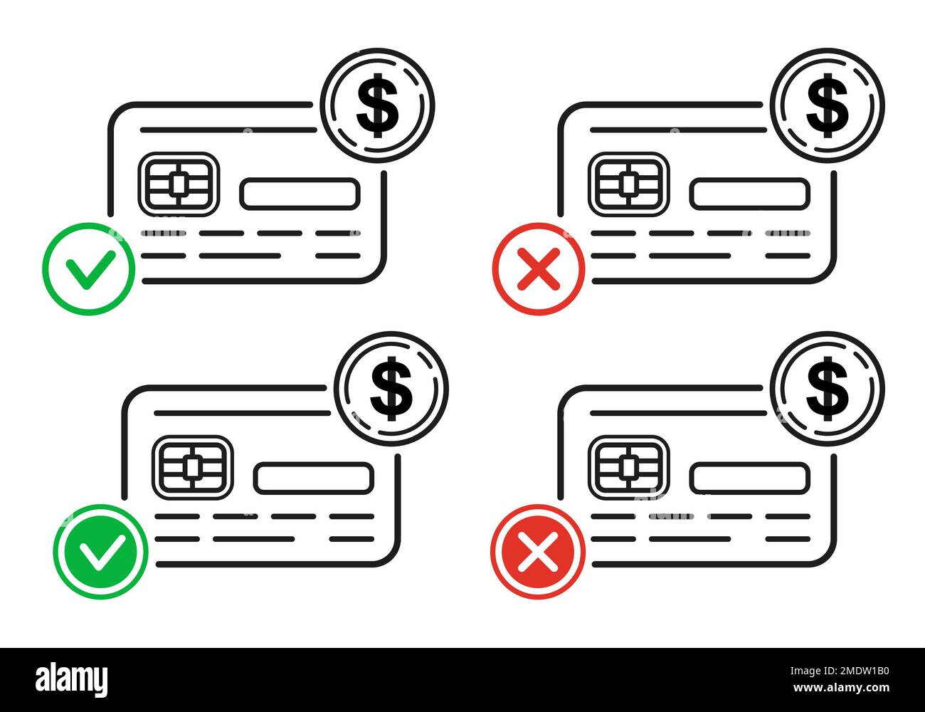 Cancel and approved bank credit card payment, accept or decline online money transfer line icon. Financial cashless shopping pay. Error cross. Vector Stock Vector