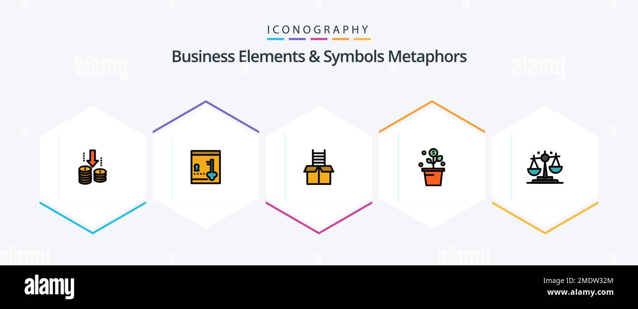 Business Elements And Symbols Metaphors 25 FilledLine icon pack including balance. pot. box. success. growing Stock Vector