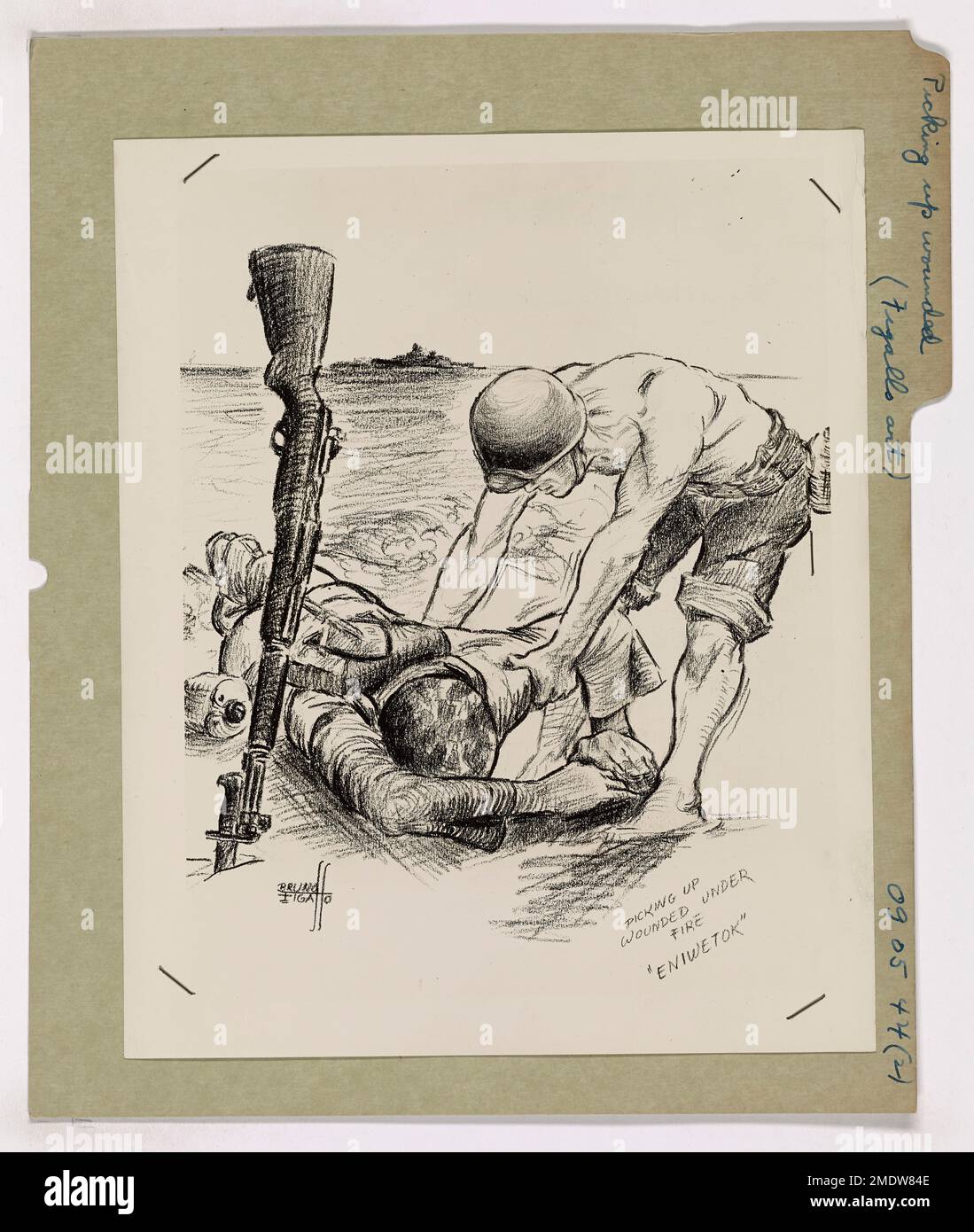 Picking up the Wounded Under Fire. This image depicts artwork of a Coast Guardsman aiding a wounded comrade during the invasion of Eniwetok Atoll, drawn by Coast Guard Combat Artist Bruno Figallo. See also 26-G-20571. Stock Photo