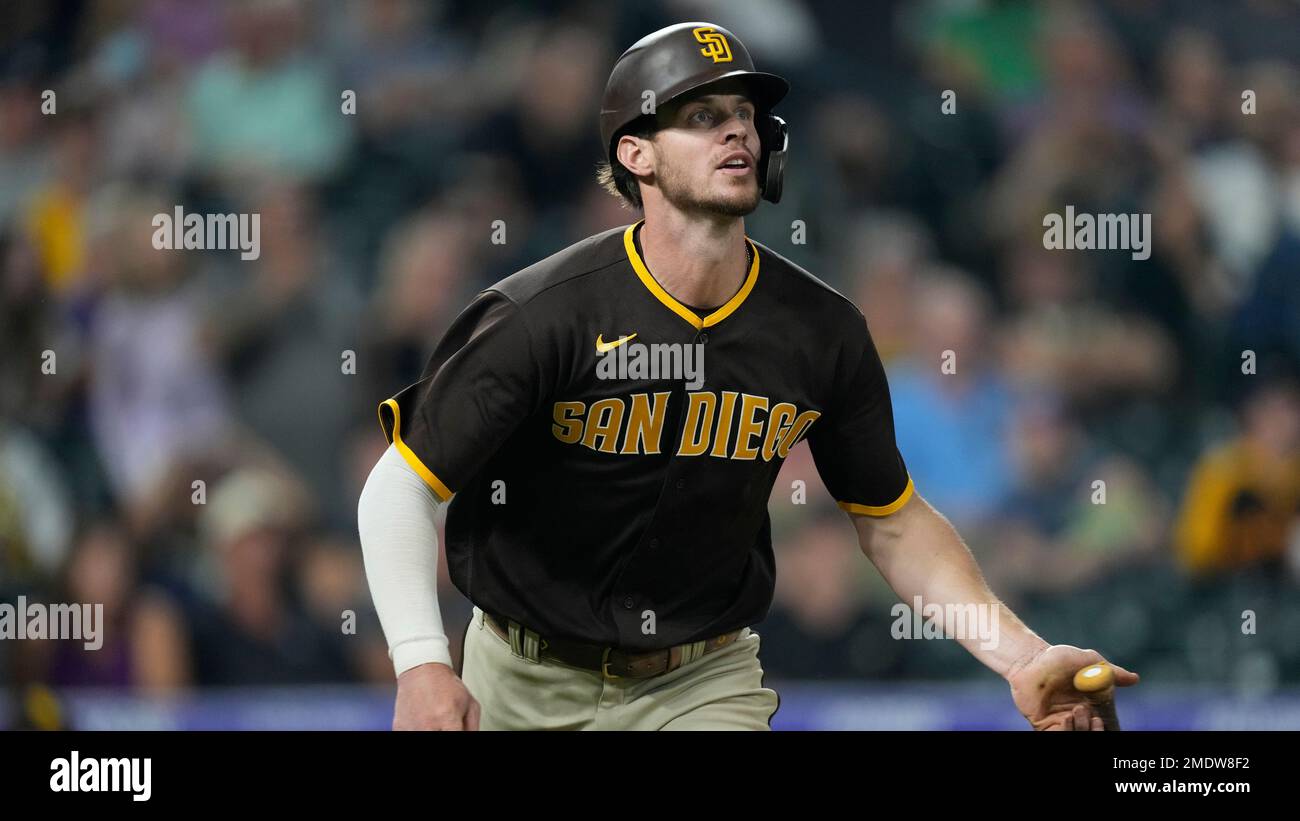 San Diego Padres right fielder Wil Myers (5) in the ninth inning of a  baseball game on Monday, Aug. 16, 2021, in Denver. (AP Photo/David  Zalubowski Stock Photo - Alamy