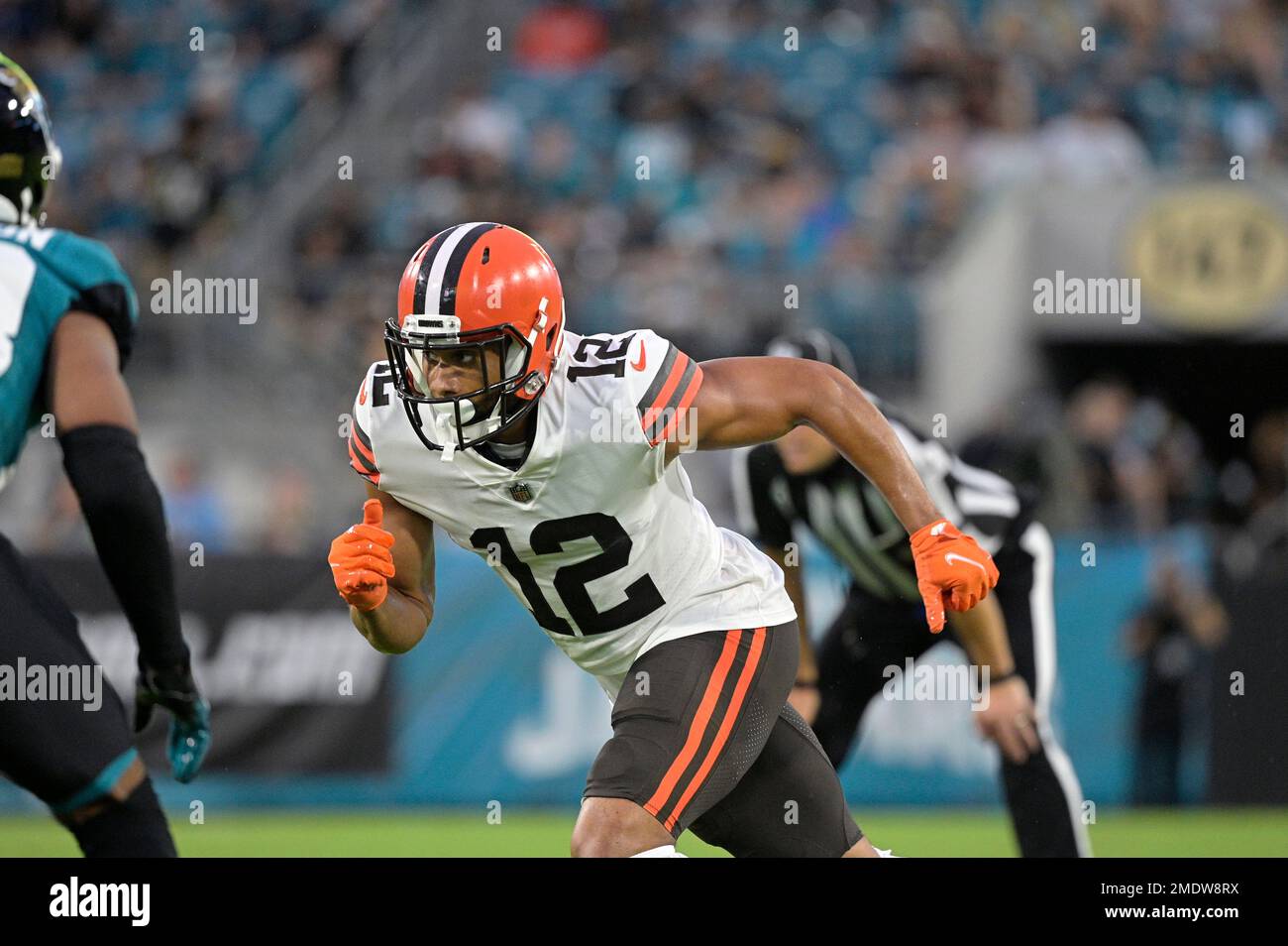 Cleveland Browns wide receiver KhaDarel Hodge (12) runs a route during the  first half of an NFL preseason football game against the Jacksonville  Jaguars, Saturday, Aug. 14, 2021, in Jacksonville, Fla. (AP