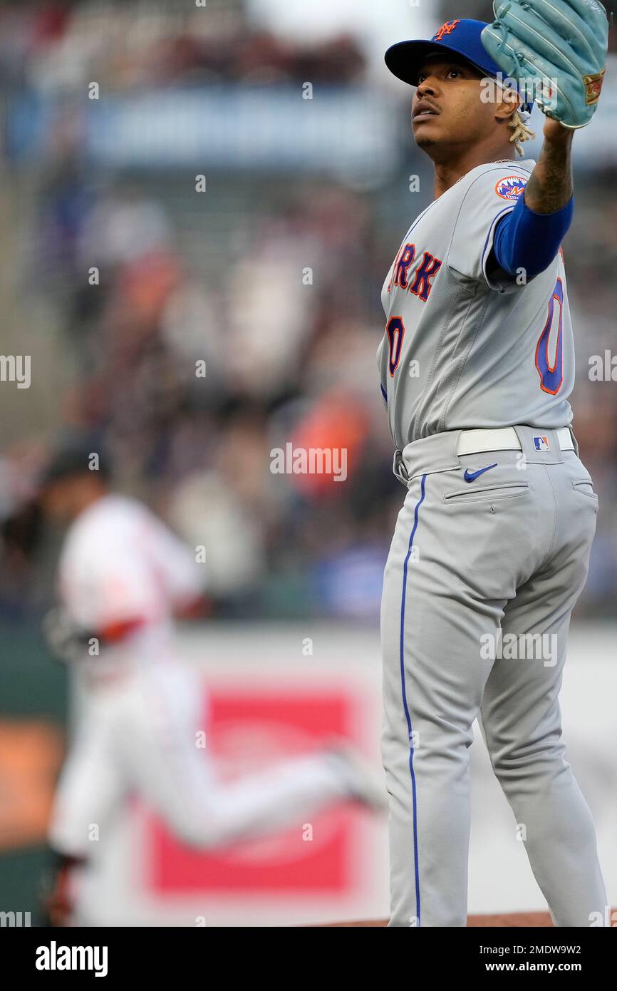 New York Mets starting pitcher Marcus Stroman stands on the mound