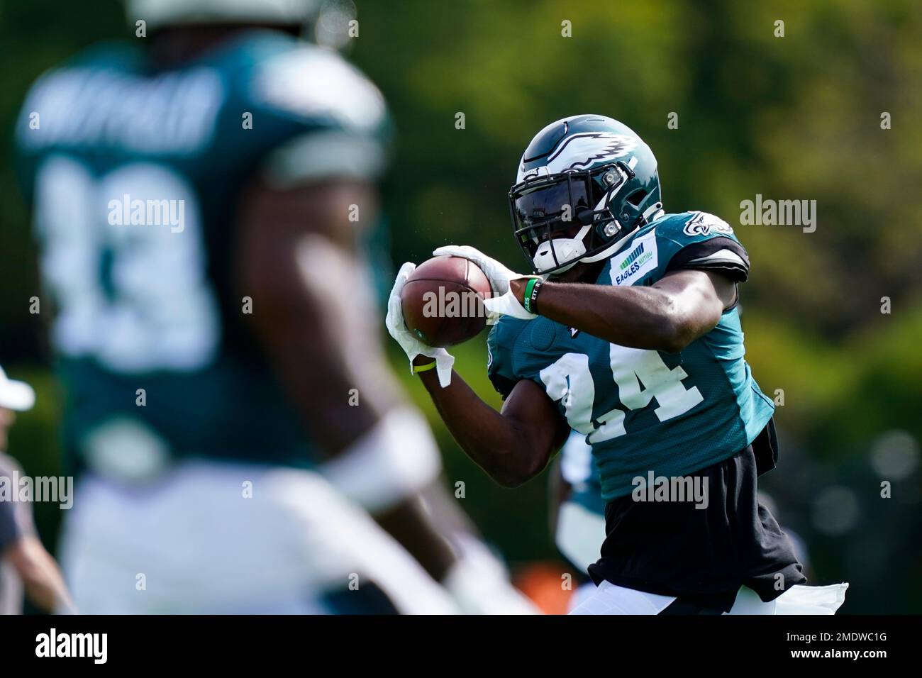 Philadelphia Eagles running back Jordan Howard catches a pass during a  joint practice with the New England Patriots at the Eagles NFL football  training camp Tuesday, Aug. 17, 2021, in Philadelphia. (AP
