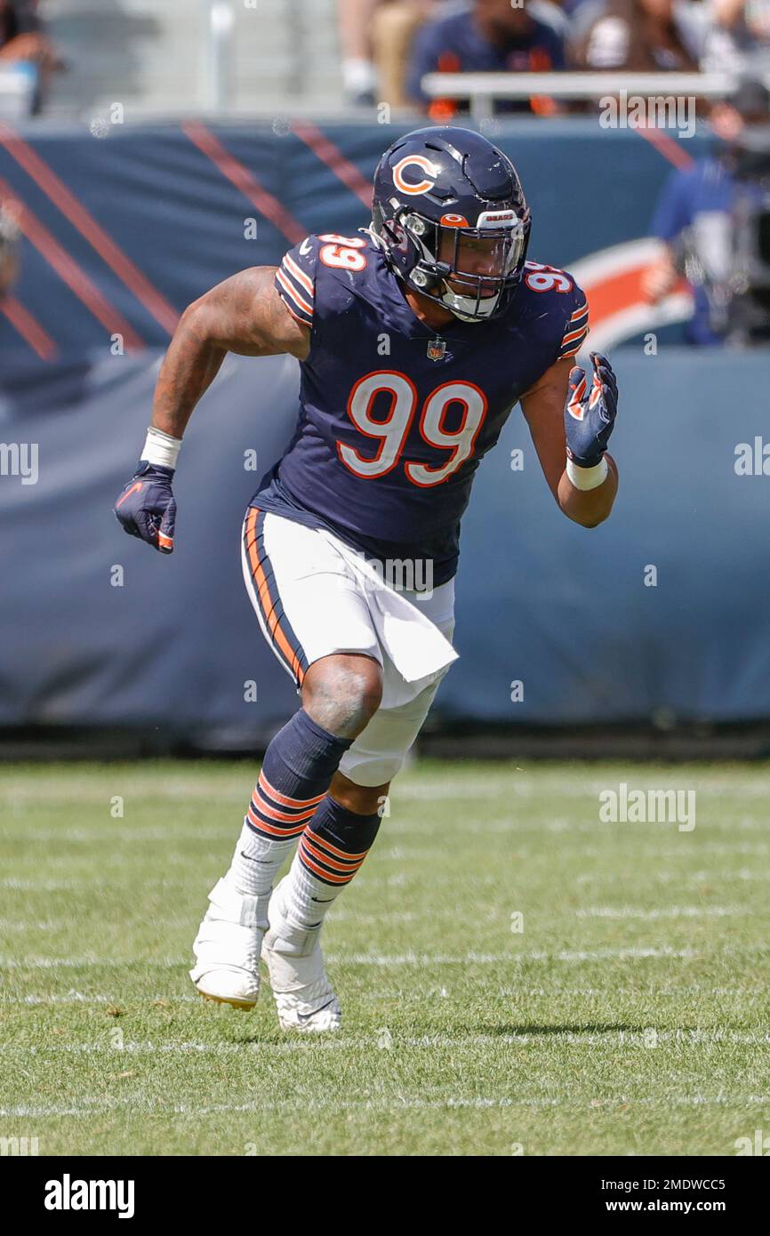 Chicago Bears linebacker Trevis Gipson (99) in action during the second  half of a preseason NFL football game against the Miami Dolphins, Saturday,  Aug. 14, 2021, in Chicago. (AP Photo/Kamil Krzaczynski Stock
