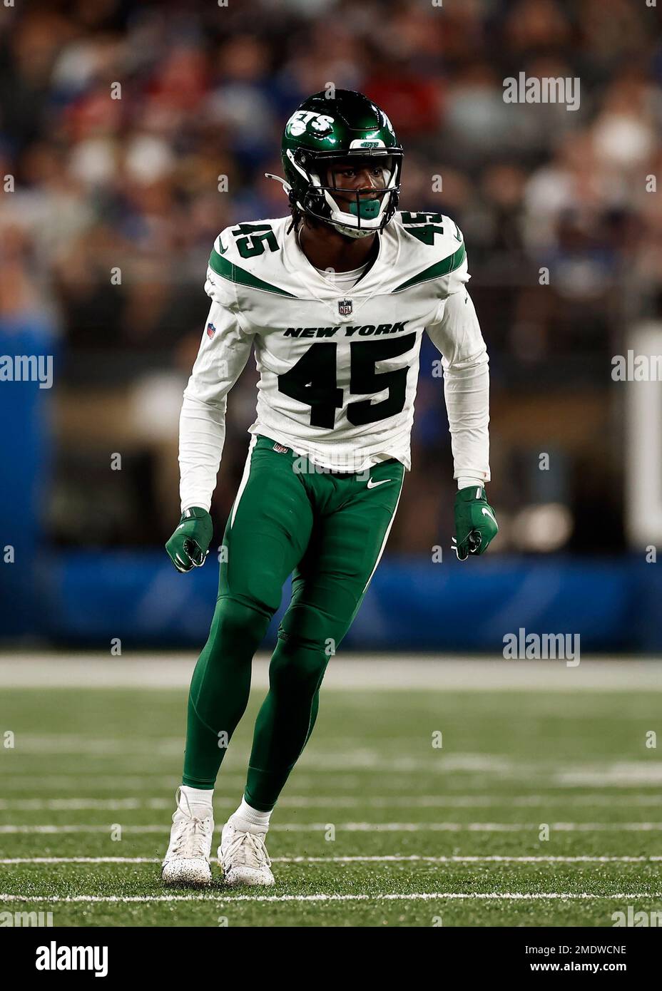 Florham Park, New Jersey, USA. August 2, 2022, Florham Park, New Jersey,  USA: New York Jets' linebacker Hamsah Nasirildeen (45) runs a drill during  Jets training camp at the Atlantic Health Jets