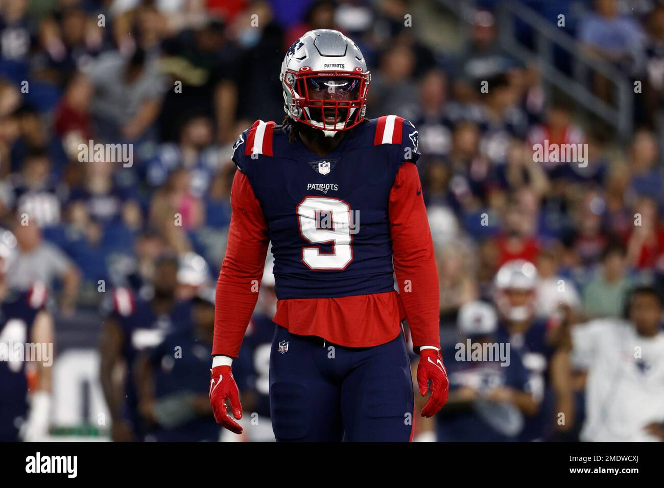 New England Patriots' Matt Judon rushes against the New York Jets during an  NFL football game at Gillette Stadium, Sunday, Oct. 24, 2021 in Foxborough,  Mass. (Winslow Townson/AP Images for Panini Stock