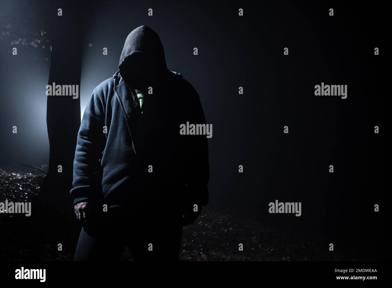 Hooded man in the dark forest at backlight Stock Photo
