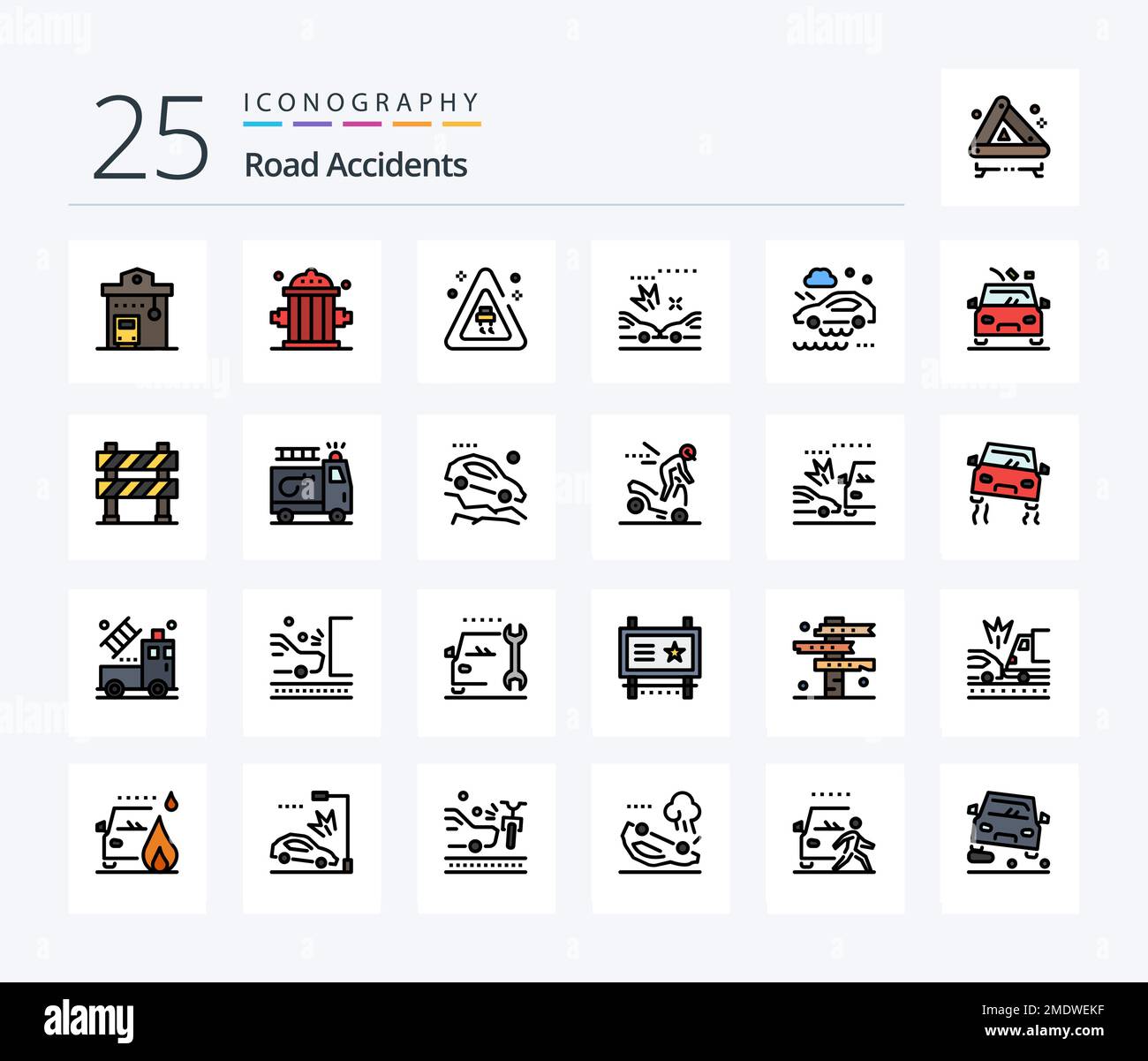 Road Accidents 25 Line Filled icon pack including rain. bad weather