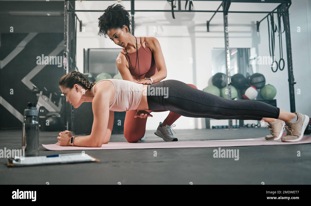 Fitness, plank or personal trainer at gym with woman for training