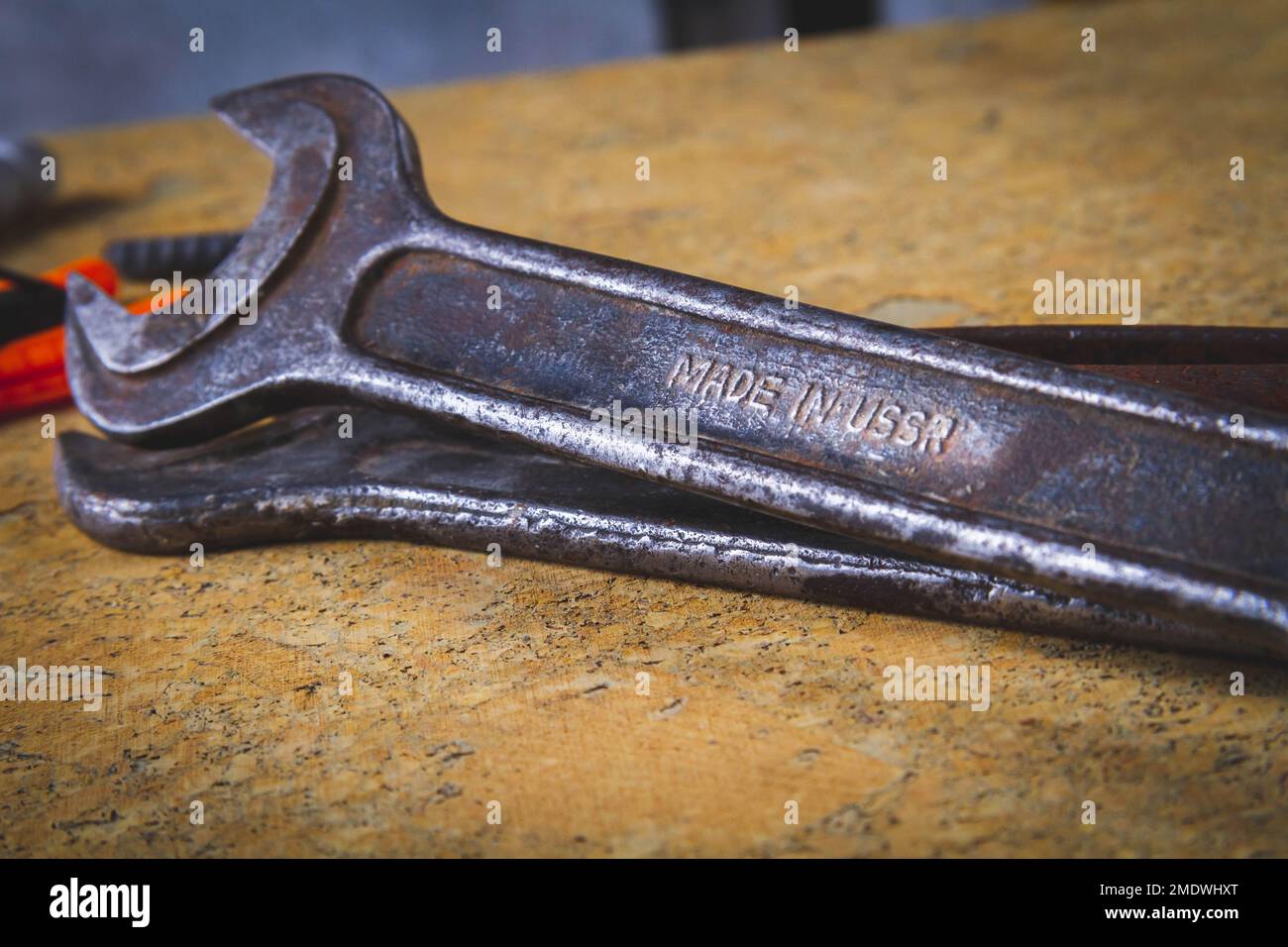 Old rusty wrenches. Made in USSR. Grunge tool. Quality mark. Garage