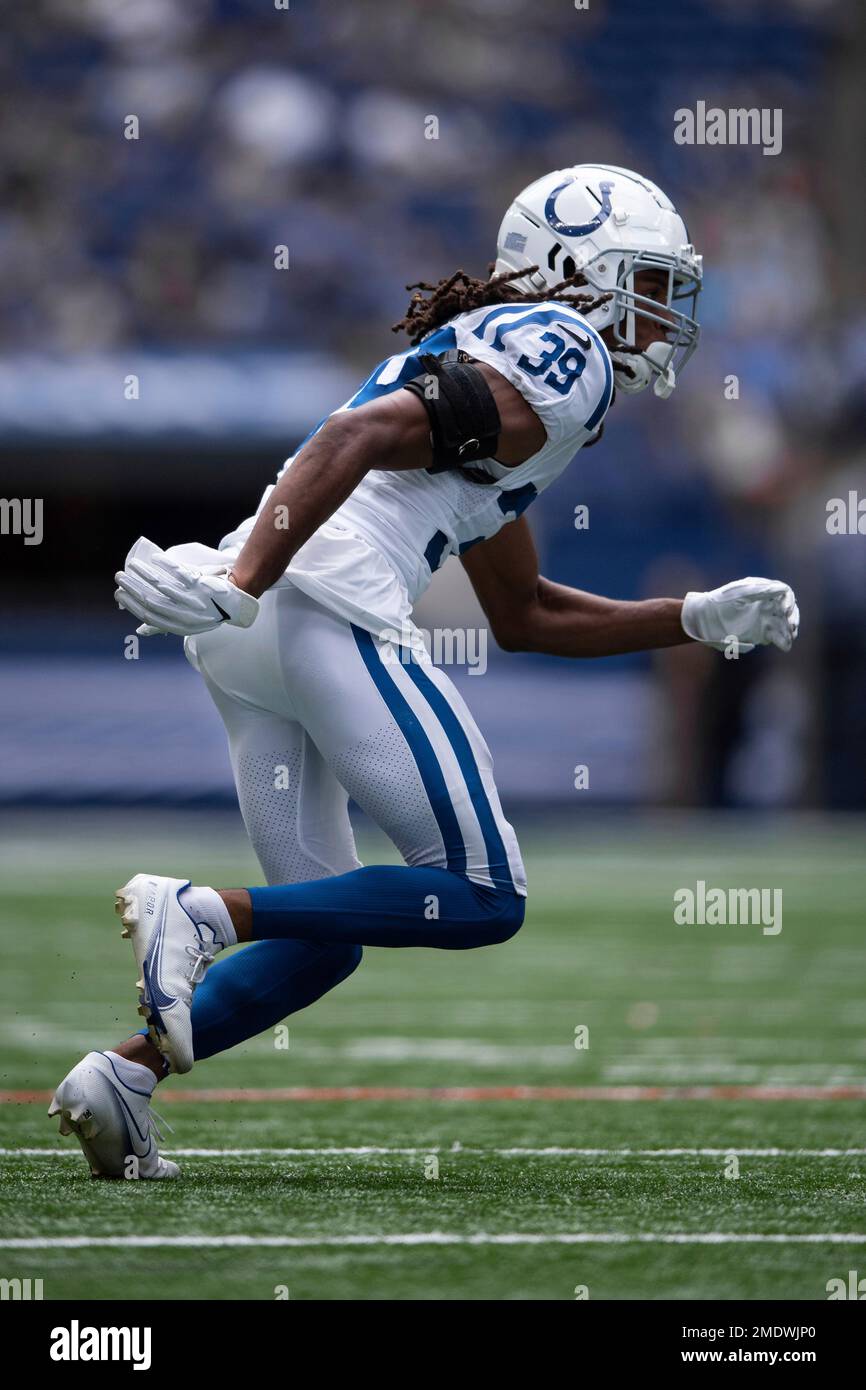 Indianapolis Colts cornerback Marvell Tell III runs on the field during the  second half of a preseason NFL football game against the Buffalo Bills in  Orchard Park, N.Y., Saturday, Aug. 13, 2022. (