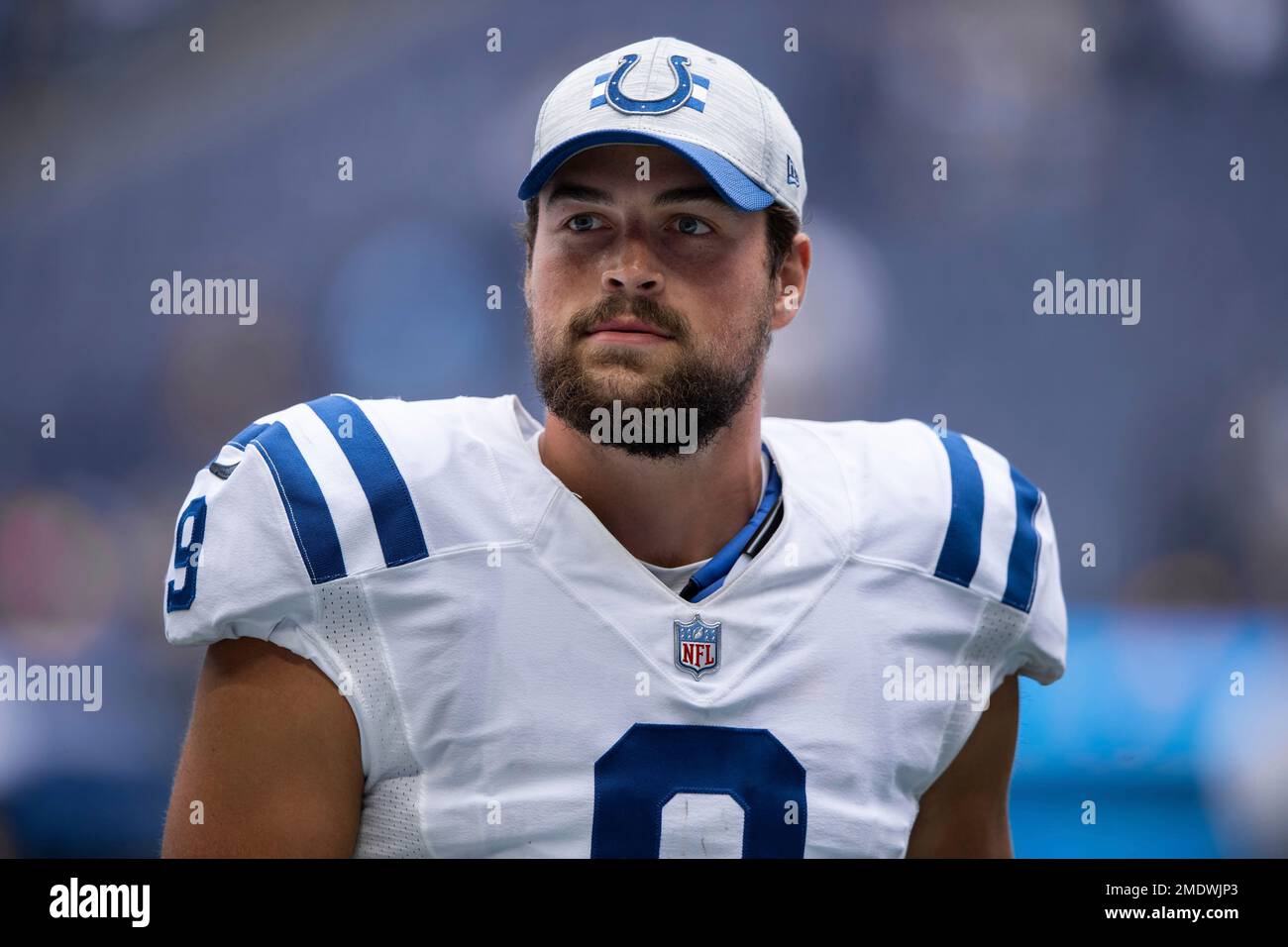 Indianapolis Colts quarterback Jacob Eason (9) walks off the field after an NFL football game