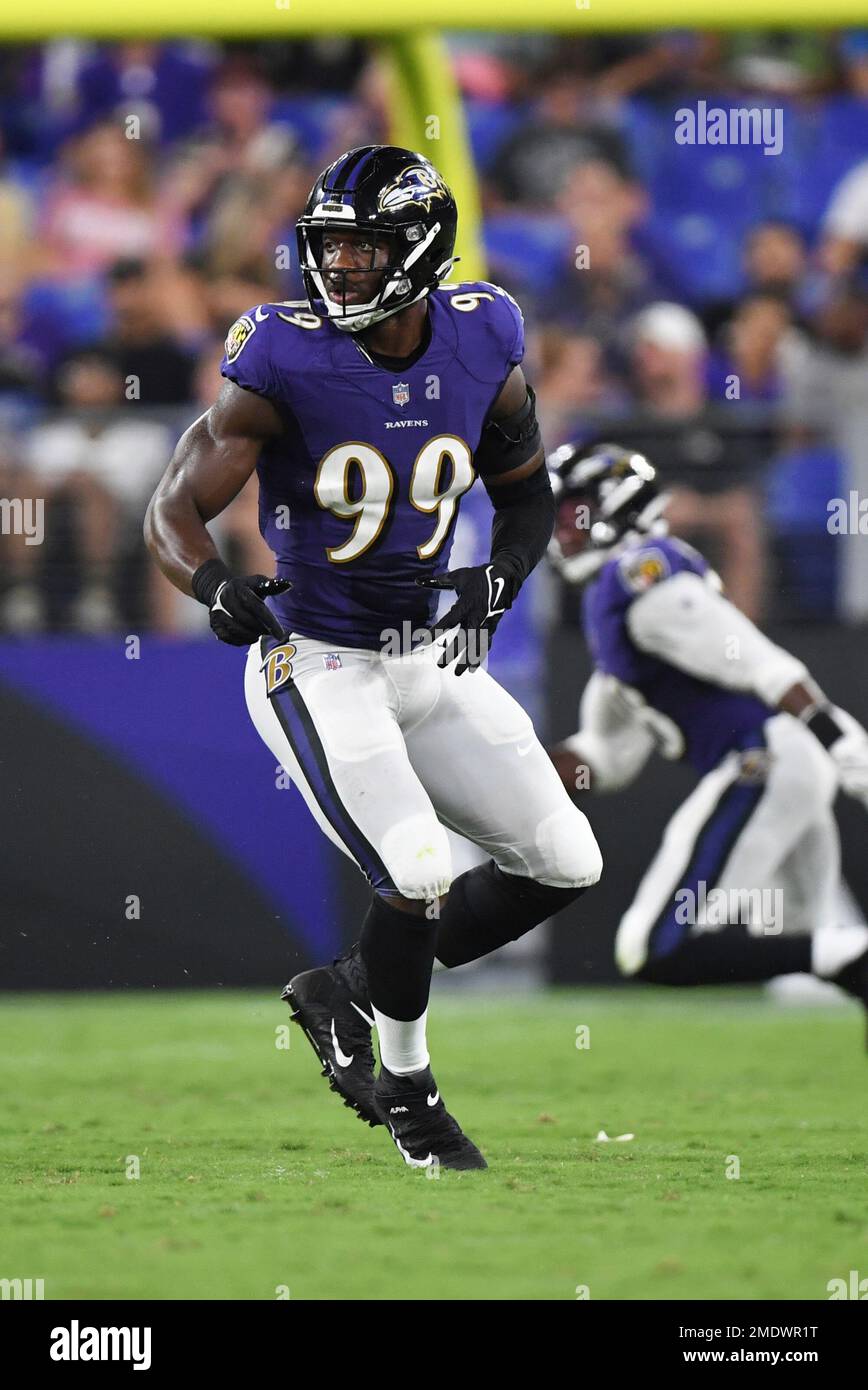 Baltimore Ravens linebacker Odafe Oweh (99) in action during the third  quarter an NFL preseason football game against the New Orleans Saints  Saturday, Aug. 14, 2021, in Baltimore. (AP Photo/Terrance Williams Stock