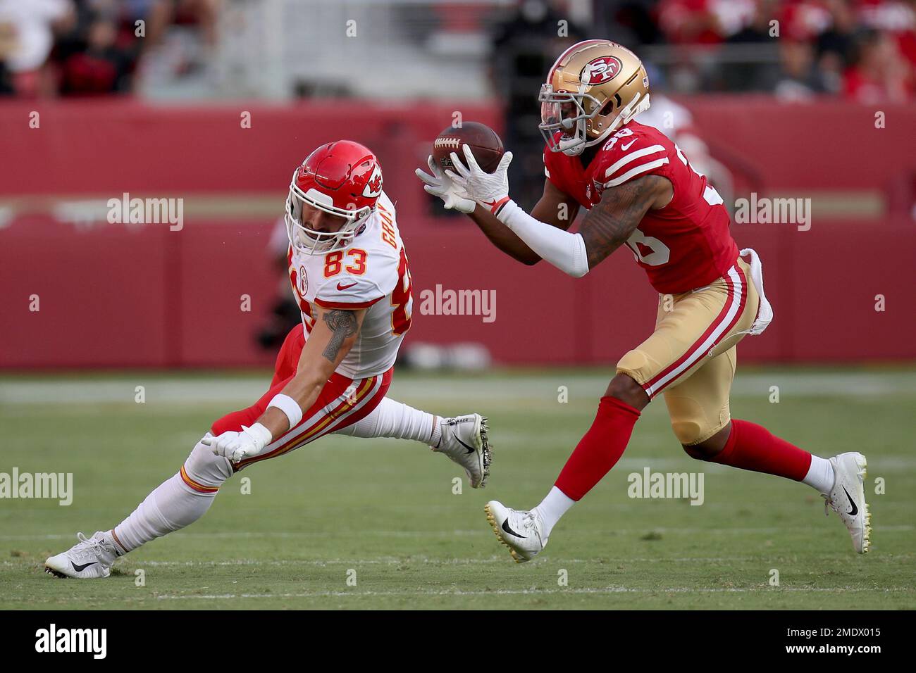 San Francisco 49ers cornerback Deommodore Lenoir (38) intercepts a pass  during an NFL divisional round playoff