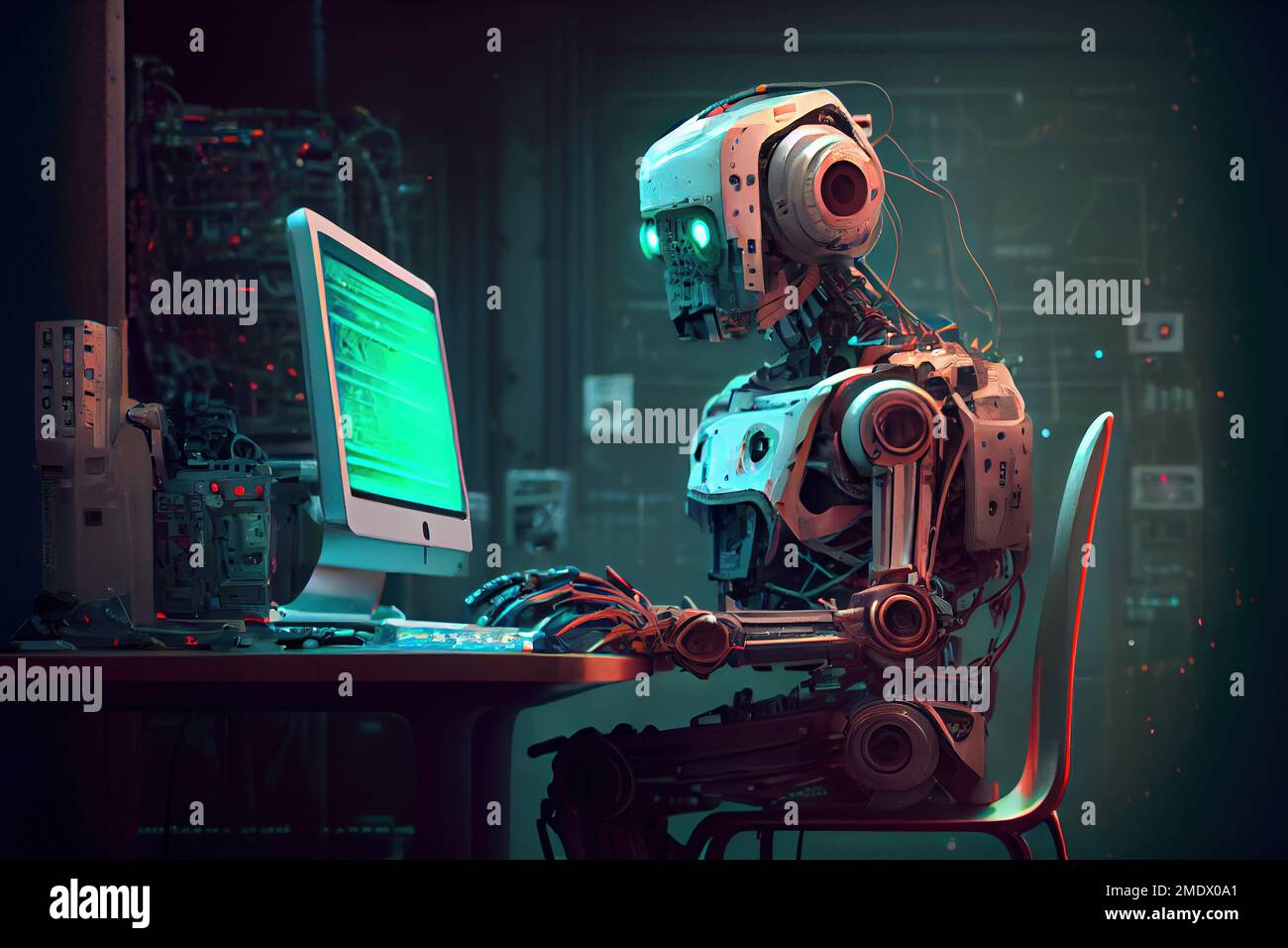 AI chatbot robot sitting at desk using computer as artificial intelligence and machine learning concept - generative AI Stock Photo