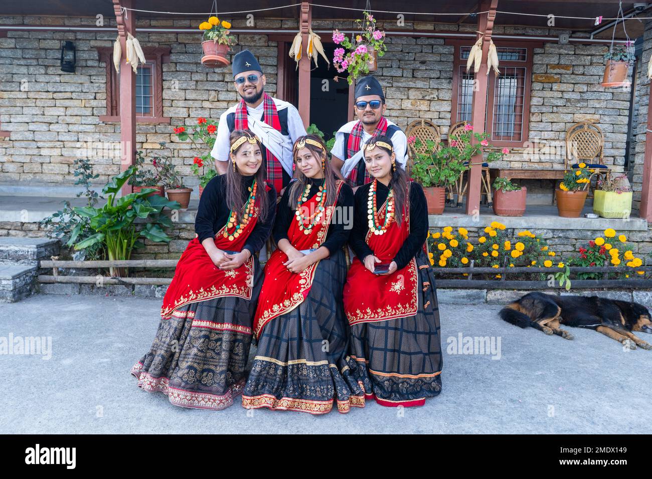 Ghandruk village,Gurungs people,  ethnic group which has been living in the Gandaki province of Nepal since ancient times. Stock Photo